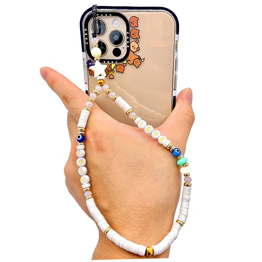 Beaded Phone Lanyard Wrist Strap - Kawaii Love Heart Letters Universal Cell Phone Charm, Handmade Soft Ceramic Pearl Keychain for Women & Girls (White) | Perfect for Smartphones, Keys, ID Cards & Daily Accessories