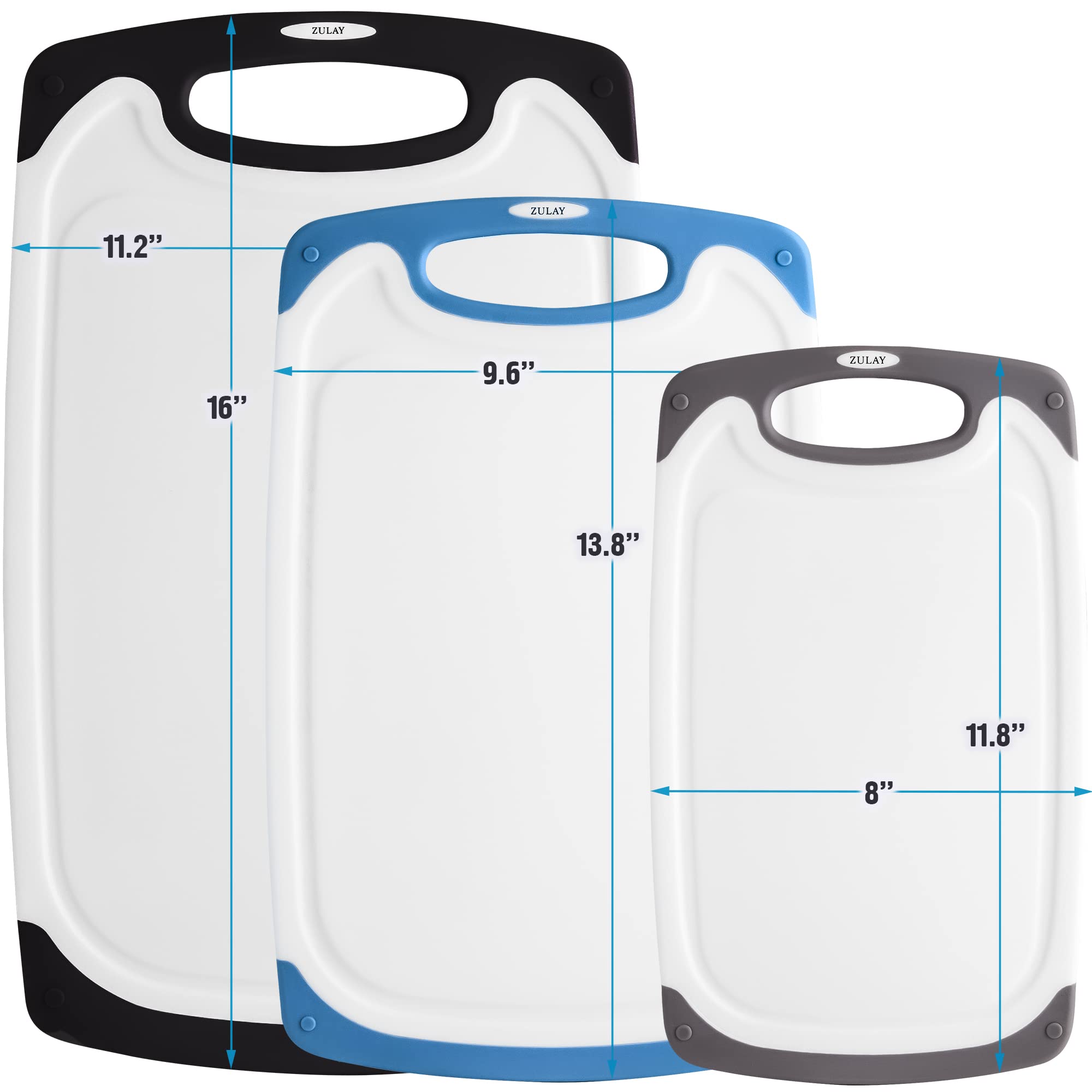 Zulay Kitchen 3-Piece Plastic Cutting Board Set - Non-Slip Dishwasher Safe with Juice Groove - Multiple Sizes (Black, Blue, Gray) - Perfect for Meal Prep, Slicing Vegetables & Serving Charcuterie