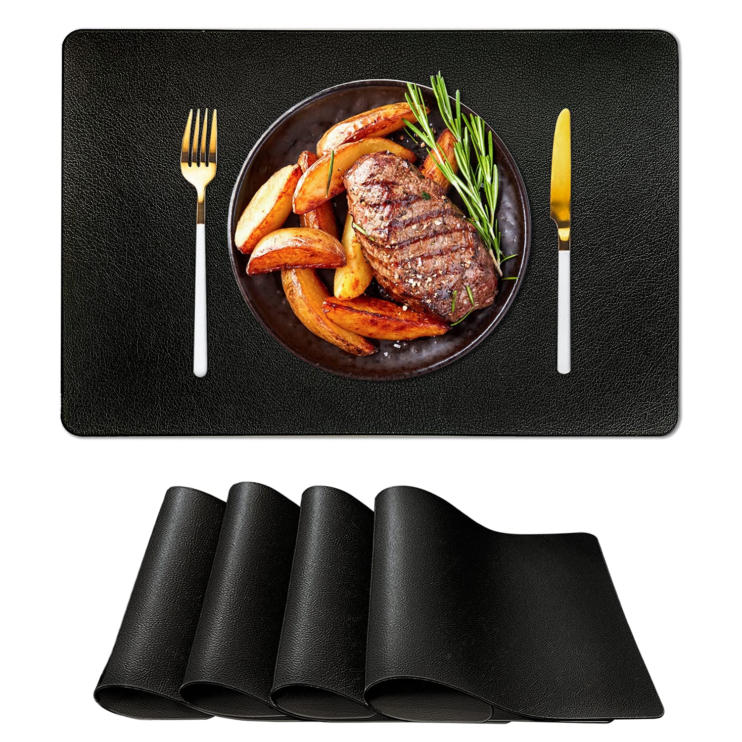 Lavsils Black Leather Placemats Set of 4 - Heat Resistant, Non-Slip & Washable Dining Table Mats - Easy to Clean Kitchen Table Mats for Indoor & Outdoor Use - Perfect for Dinner Parties, BBQs, and Everyday Dining
