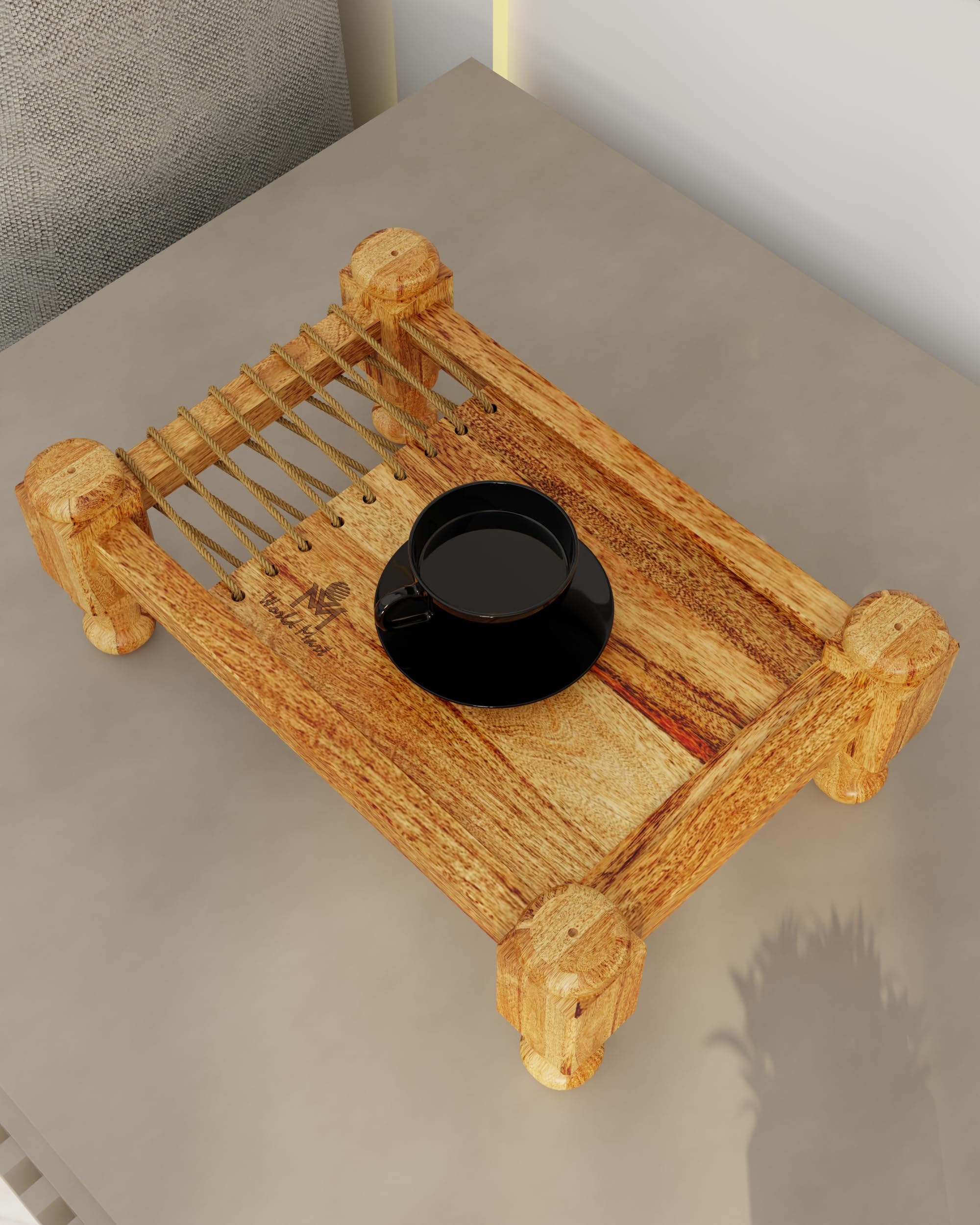 World Mart Handcrafted Charpai Design Wooden Serving Tray - 11x7 Inches Natural Finish Tea & Snack Tray - Perfect for Breakfast in Bed, Coffee Table Decor, and Outdoor Picnics