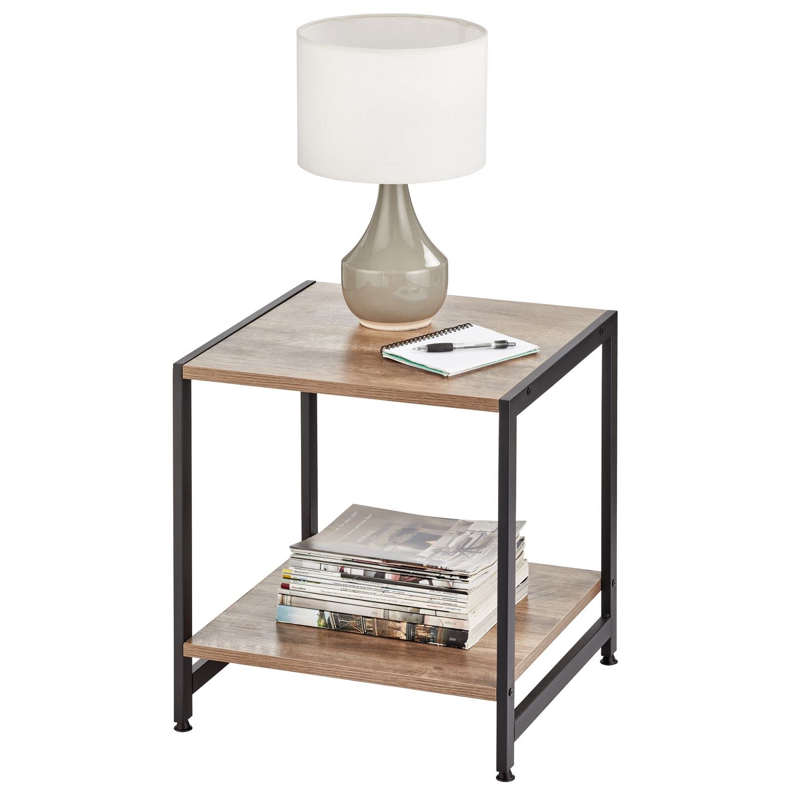 mDesign Side End Table with Open Shelf - Sturdy Wood & Metal Frame Nightstand for Living Room, Bedroom, Hallway, Entryway - Black/Natural Finish - Perfect for Storing Books, Lamps & Bedroom Essentials