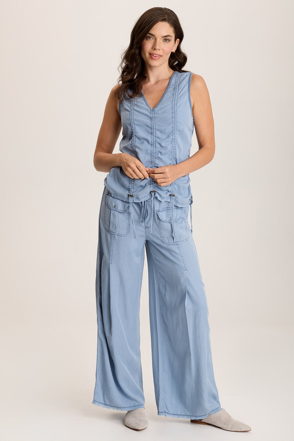 Mitzi Twill Cinched Cord Tank Top - Women's Casual Stretch Fit Summer Blouse for Layering & Everyday Wear