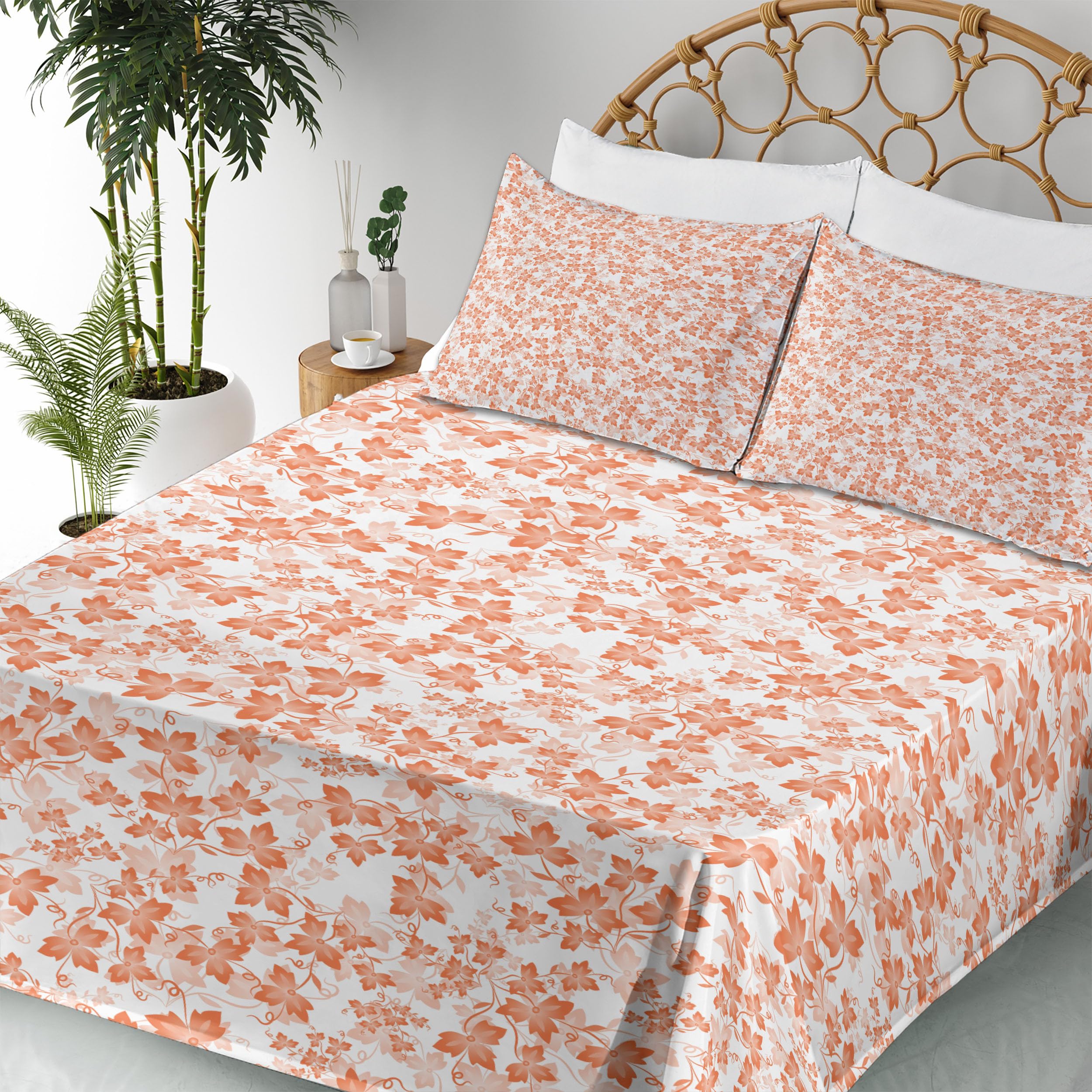 Ambesonne Autumn Sheet Set - Fall Foliage Gradient Art Design, 4-Piece King Size Bedding with Fitted Sheet, Flat Sheet & Pillowcases in White Peach | Cozy Seasonal Home Decor for Fall & Thanksgiving