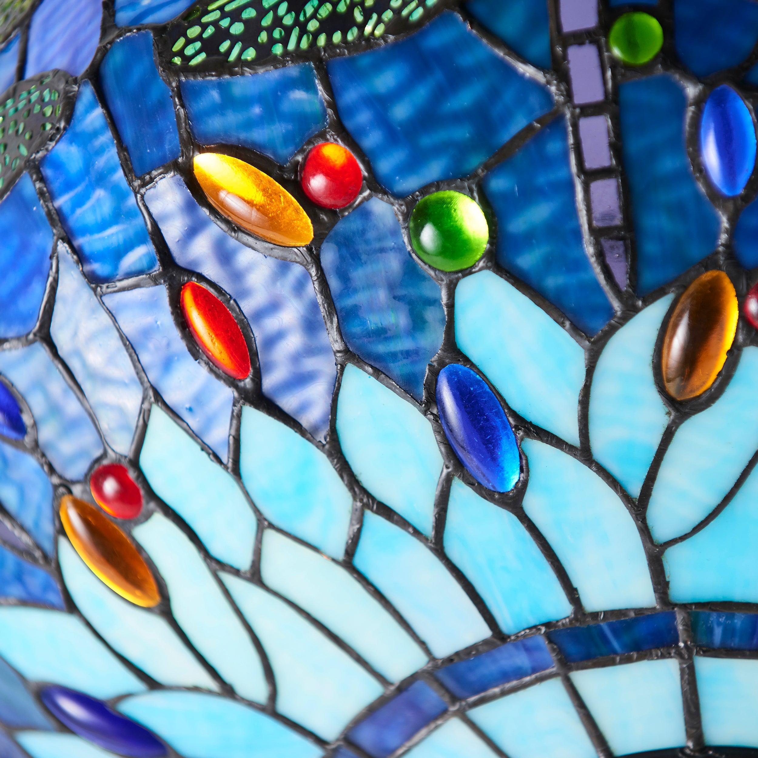 Blue Dragonfly Tiffany Style Ceiling Light - Large Inverted Stained Glass Fixture for Dining Room, Bedroom & Living Room Decor