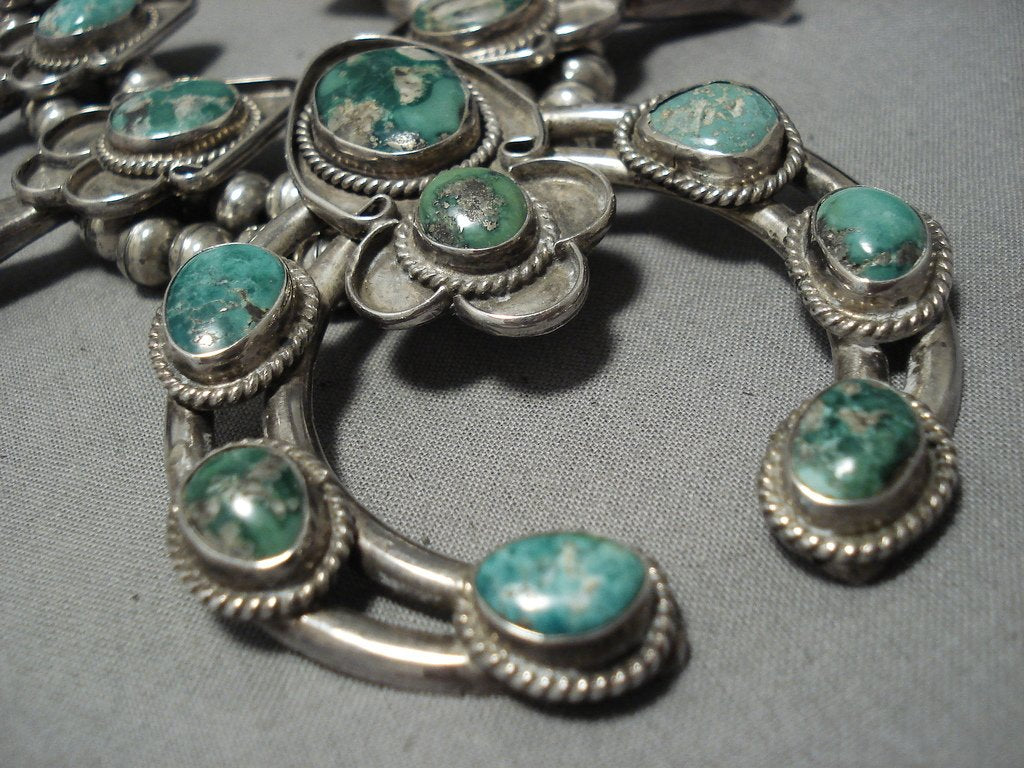 Authentic Vintage Navajo Sterling Silver Squash Blossom Necklace with Royston Turquoise - 190g Native American Jewelry for Women - Perfect for Boho Fashion, Weddings & Special Occasions