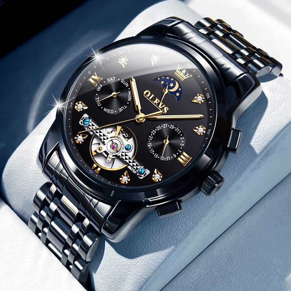 OLEVS Men's Automatic Skeleton Tourbillon Watch - Self-Winding Luxury Dress Watch with Diamond Accents, Stainless Steel Case, Waterproof, Luminous Hands, Moon Phase & Day Date Display - Perfect for Business, Formal Events & Gift Giving