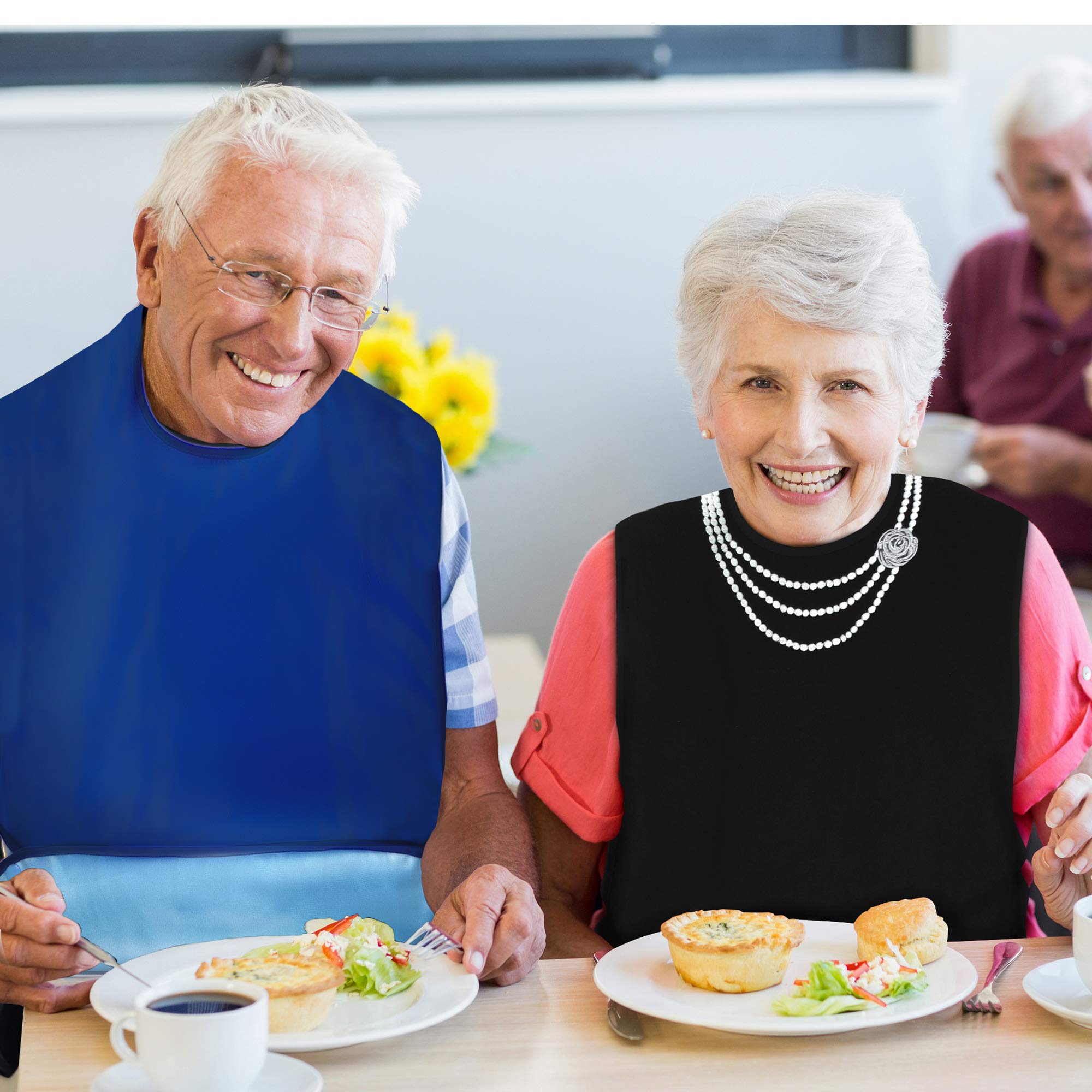 Waterproof Reusable Adult Bibs for Women & Men - Washable Crumb Catcher Eating Bibs for Seniors & Adults (3 Pack, Blue) - Perfect for Dining, Mealtime & Elderly Care