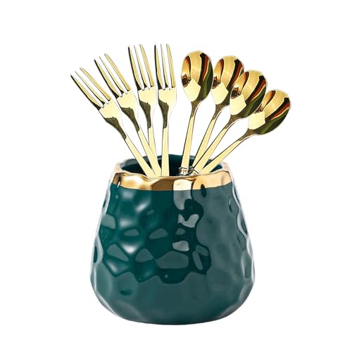 Green ceramic jar+4 forks+4 spoons
