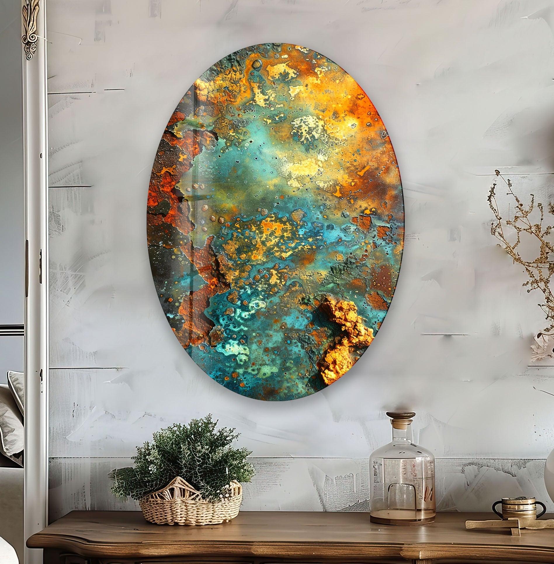 Abstract Asymmetric Oval Rusty Glass Wall Art - Modern Home Decor for Living Room, Bedroom & Office