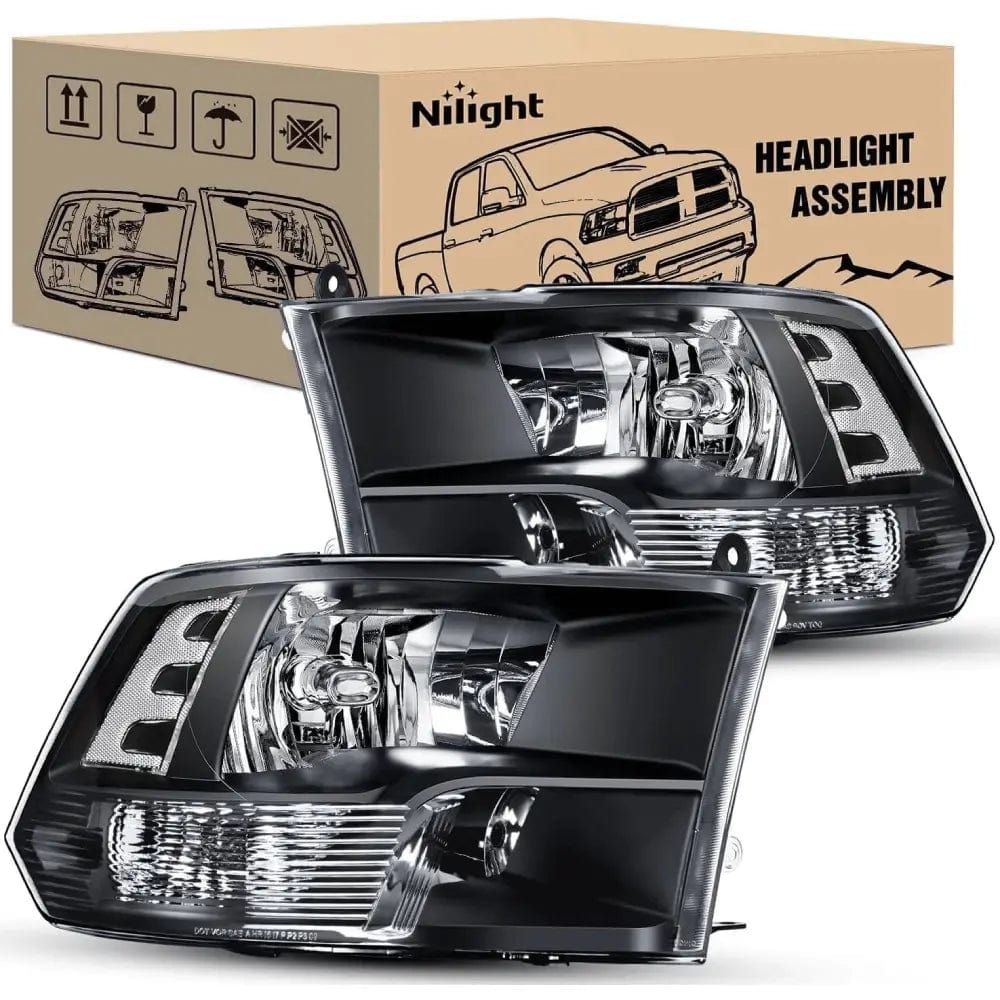 Dodge Ram 1500 2500 3500 4500 5500 Headlight Assembly (2009-2018) - Black Housing with Clear Lens - Replacement Headlights for Improved Night Driving Visibility