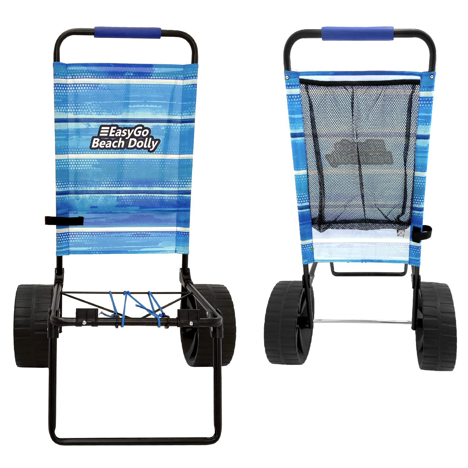EasyGo Medium Duty Folding Beach Cart with Large Sand Wheels - Holds 4-6 Beach Chairs - Includes Elastic Tie Downs & Storage Pouch - Blue Striped Pattern - Perfect for Beach Trips, Picnics & Outdoor Adventures