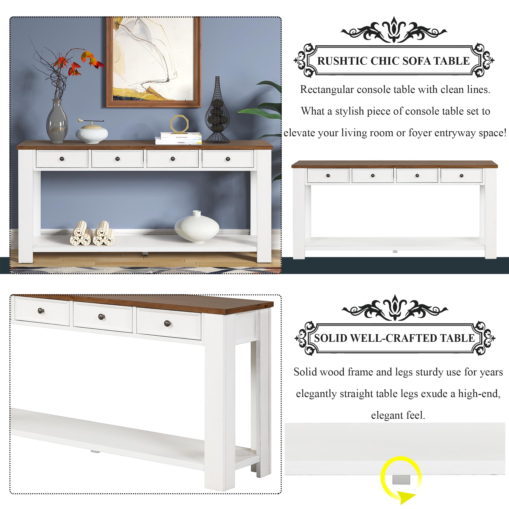 P PURLOVE 63 Inch Solid Wood Console Table with 4 Drawers & Bottom Shelf - Entryway Sofa Table, Hallway Organizer, Living Room Sideboard - Perfect for Home Decor, Storage & Display (Espresso Finish)