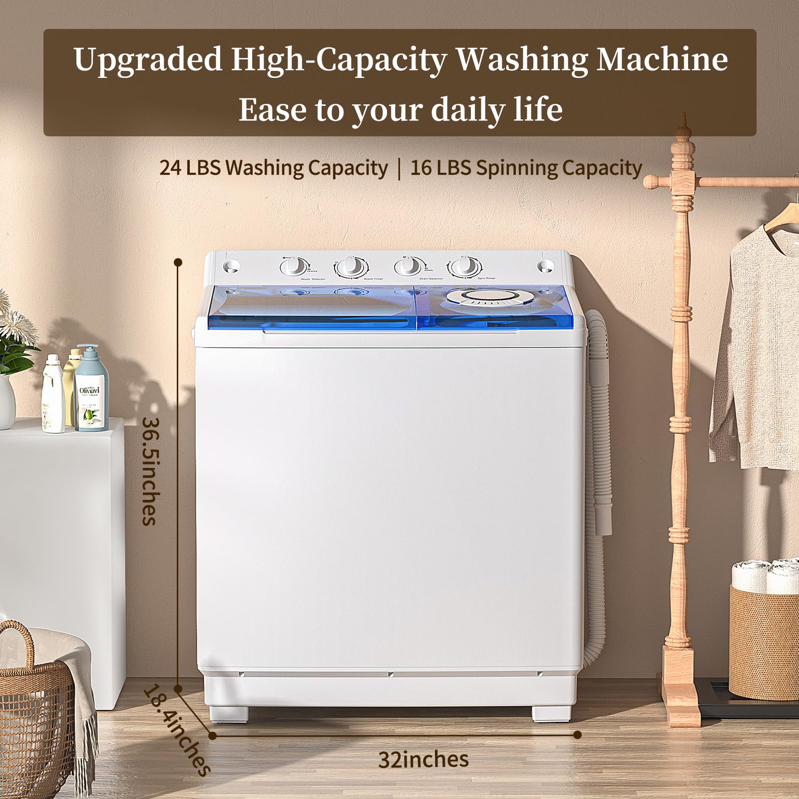 VCJ Portable Twin Tub Washing Machine - 40lbs Capacity Compact Laundry Washer & Spinner Combo (24Lbs Wash & 16Lbs Spin) for Apartments, RVs, Dorms - Perfect for Small Spaces & Travel Use