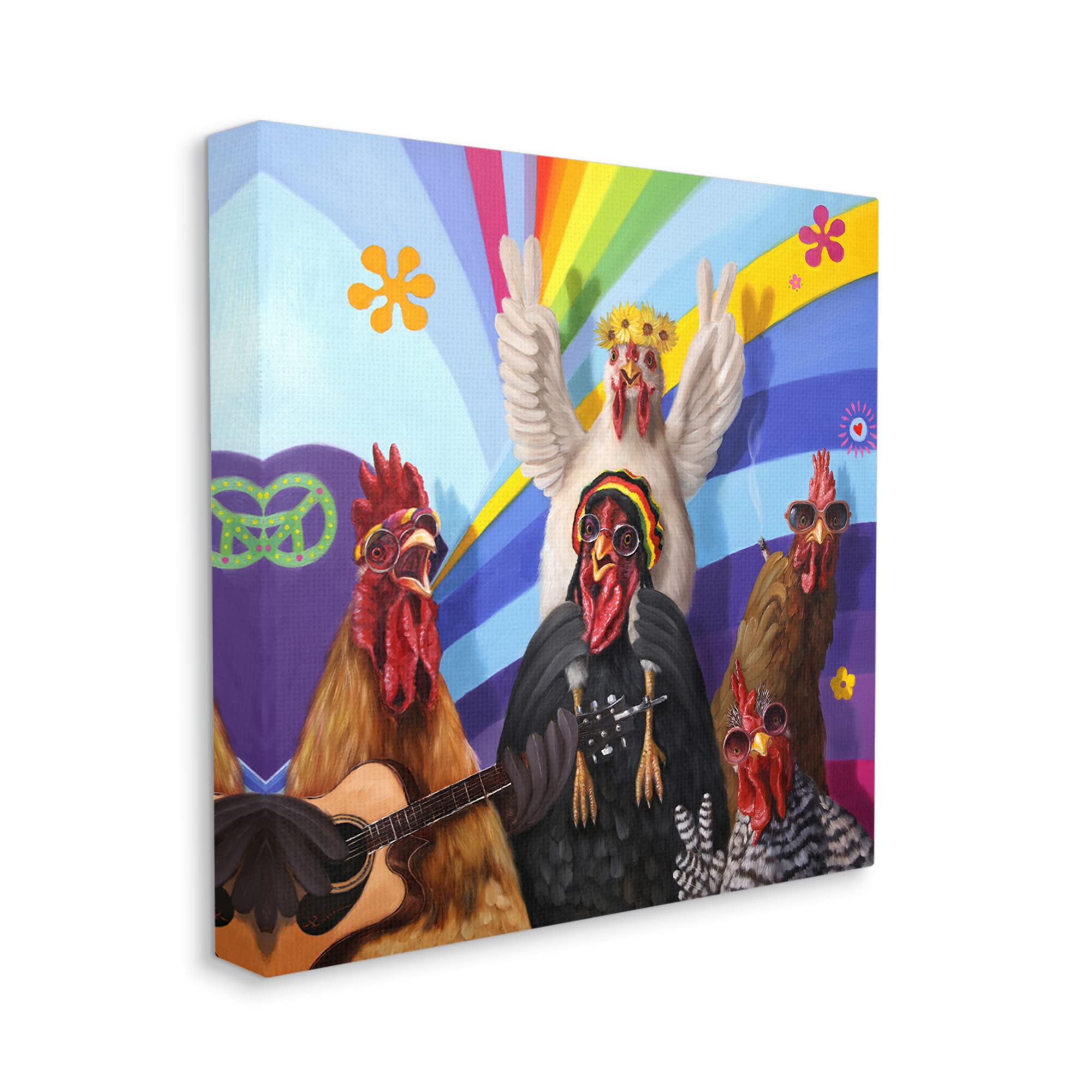 Stupell Industries Hippy Chicken Birds Singing Guitar Instrument Smoking Rainbows Wall Art - Whimsical Animal Music Painting by Lucia Heffernan - Perfect for Bohemian Home Decor, Living Room & Bedroom