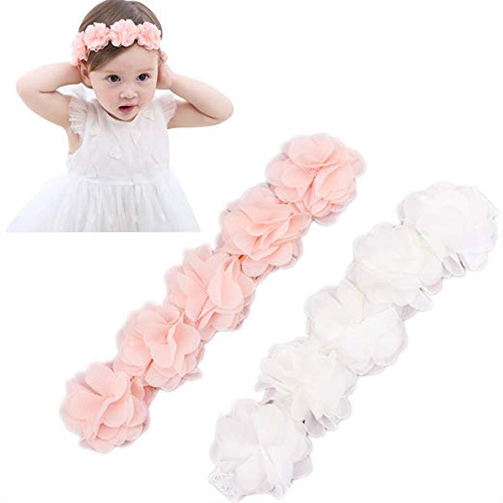 Baby Girls Elastic Chiffon Flower Headbands with Hand-Sewn Beads - Princess Hair Accessories for Birthday Parties, Photography & Special Occasions