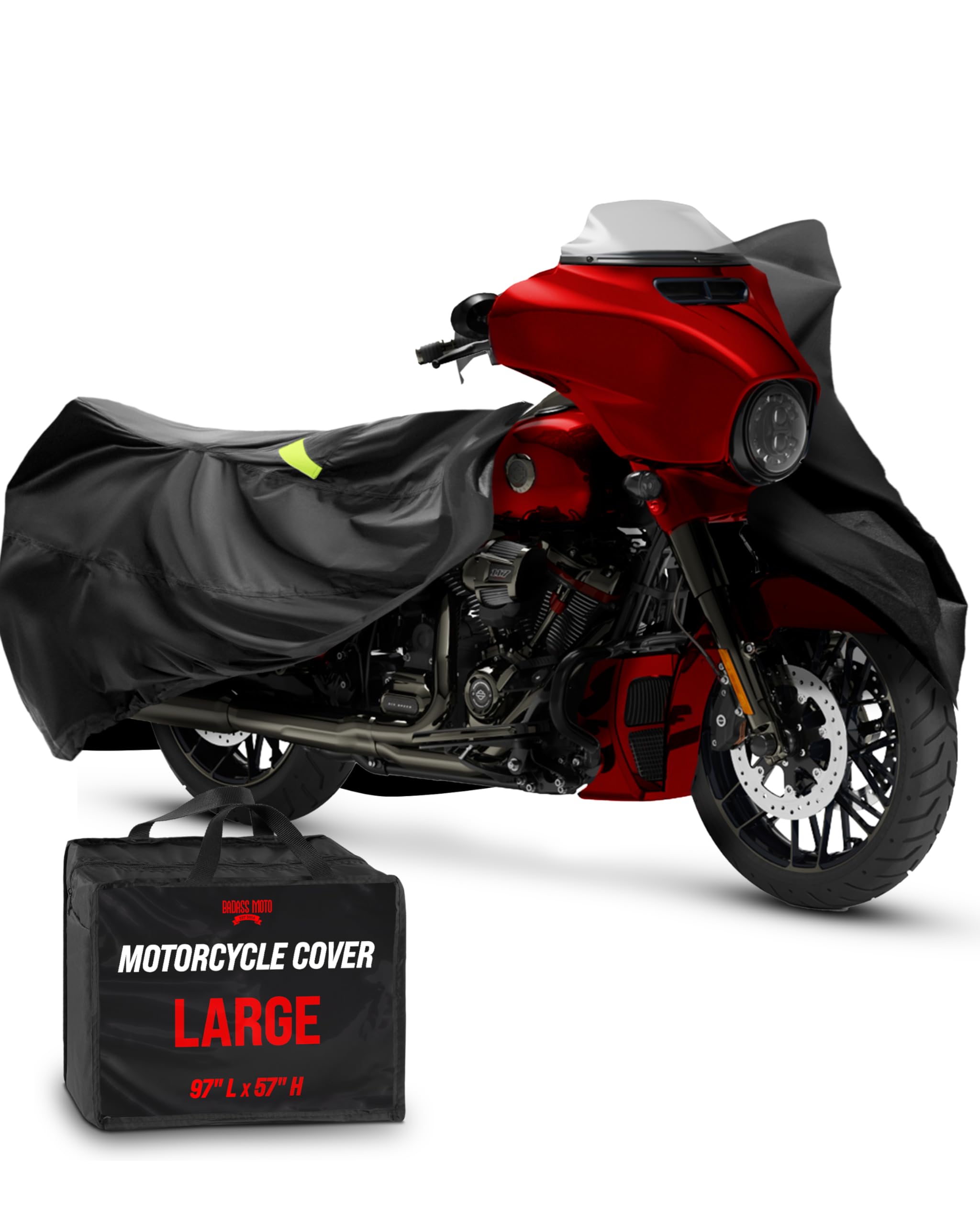 Badass Moto Heavy Duty Waterproof Motorcycle Cover for Outdoor Use - Universal Fit for Harley Davidson & Cruiser Bikes (97”L x 57”H) - Sun Protection & All-Weather Shield for Parking, Storage & Travel