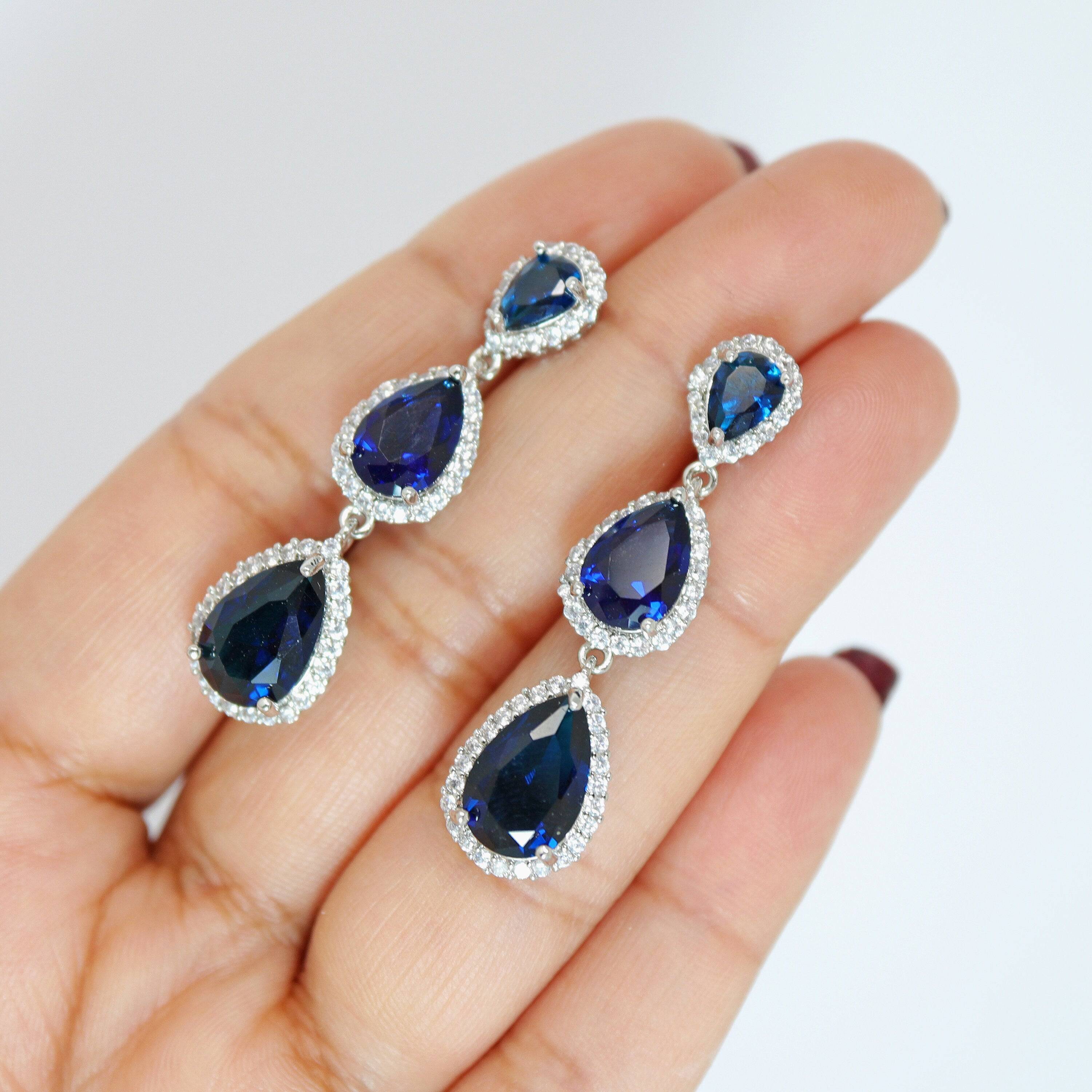 Royal Blue Drop Crystal Diamond Earrings – Elegant Long Bridal Jewelry for Weddings, Prom & Special Occasions | Statement Cz Earrings
