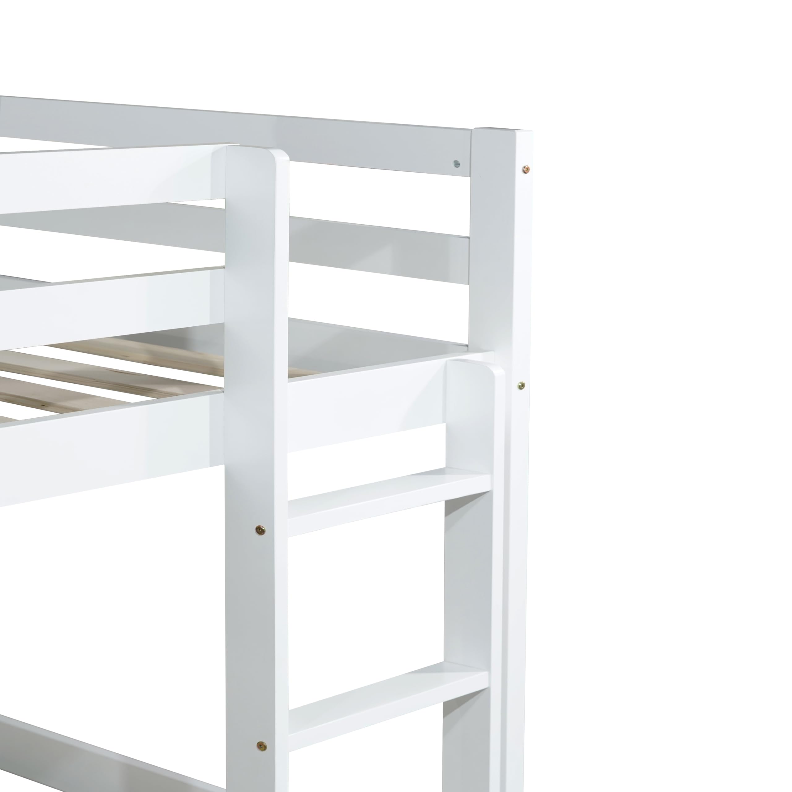 Low Twin Over Twin Bunk Bed Frame - Sturdy Wooden Junior Loft Bed for Kids, Boys & Girls with Safety Rails - Perfect for Small Rooms, Sleepovers & Kids' Bedrooms (White)