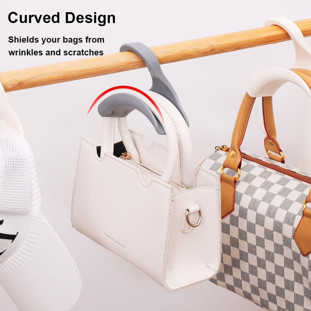10-Pack Acrylic Purse Hangers for Closet - Space Saving Bag Hook Organizer for Handbags, Caps, Headphones & Backpacks - White Plastic Bag Rack Holder (Perfect for Bedroom Closet, Entryway & Dorm Organization)