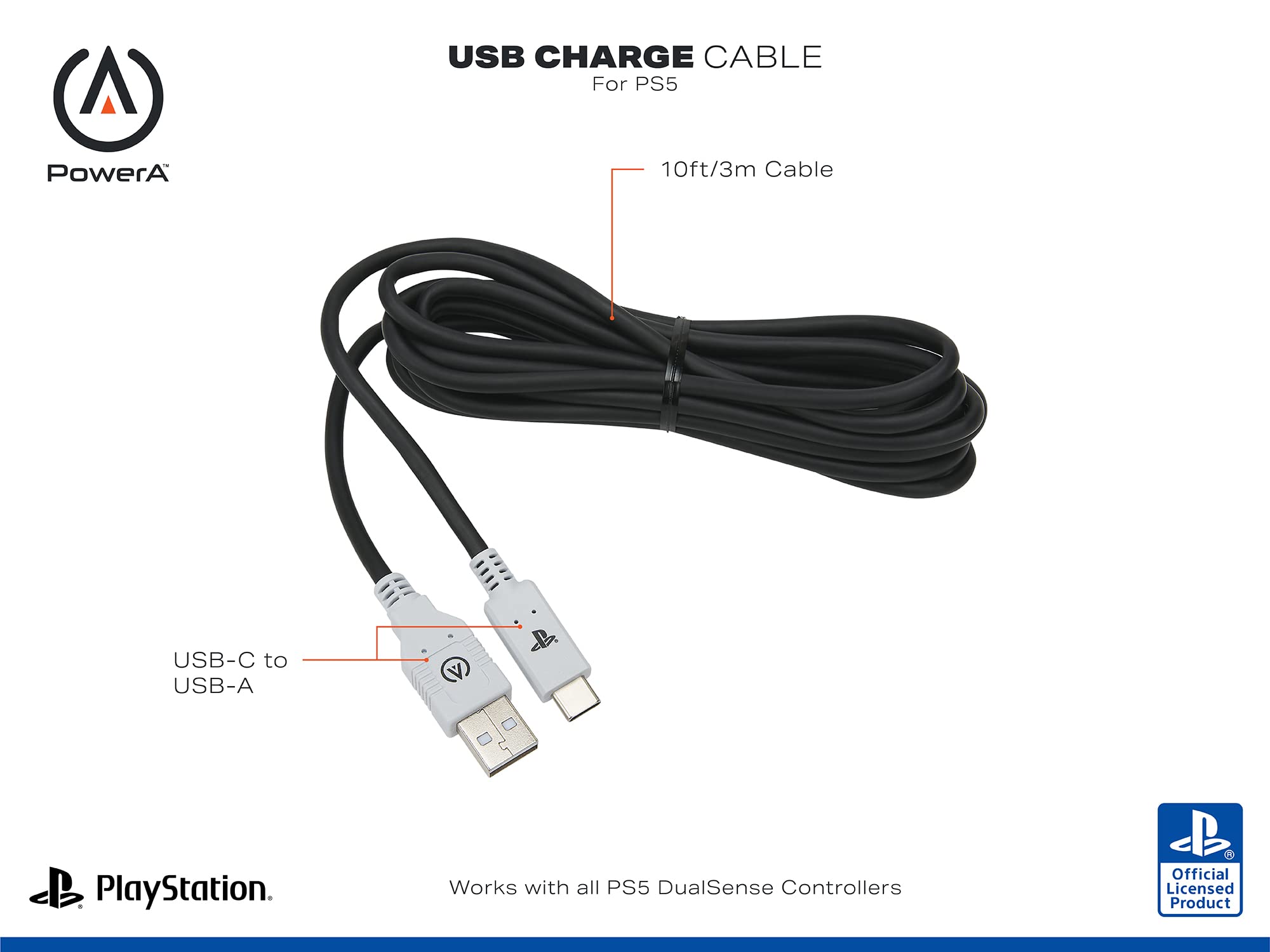 PowerA 10ft USB-C Fast Charging Cable for PlayStation 5 Controller - High-Speed Data Sync & Durable Nylon Braided Cord - Perfect for Gaming, Streaming & Mobile Charging