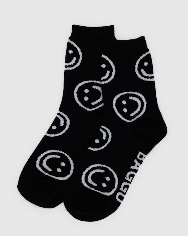 BAGGU Black Happy Crew Socks - Soft Cotton Comfortable Casual Socks for Men & Women - Perfect for Everyday Wear, Workout, and Gifts