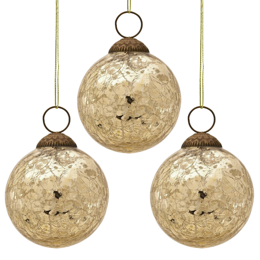 3 Pack Gold Lana Mercury Crackle Ball Glass Ornaments - Elegant Christmas Tree Decorations for Holiday Home & Party Decor
