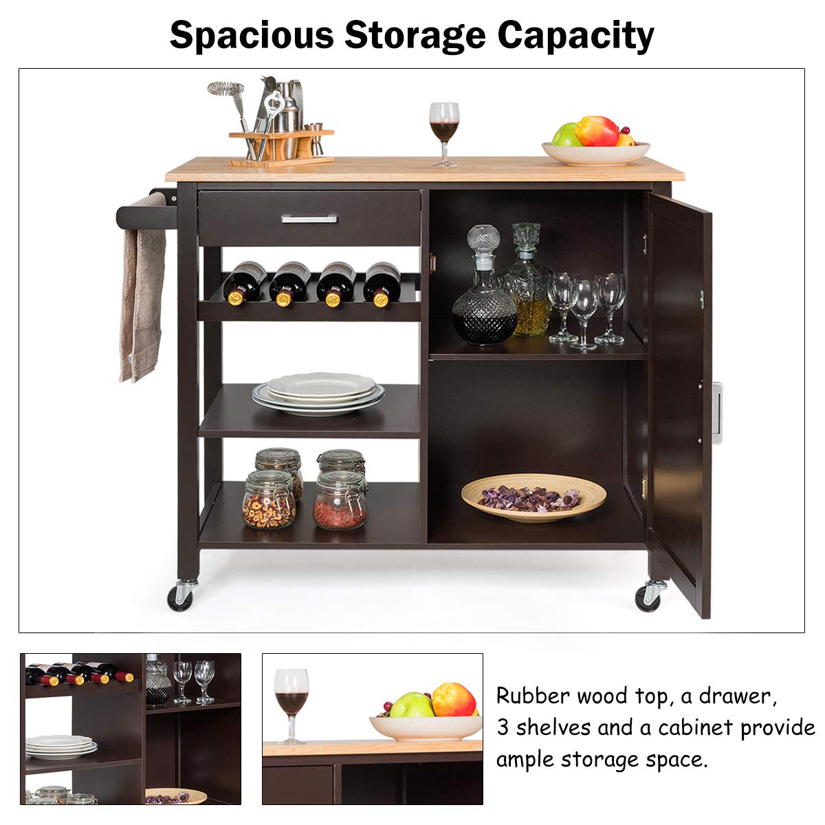 Giantex Kitchen Island Cart with Drawer & Storage Cabinet - Rolling Serving Cart with 4 Wine Bottle Rack, Towel Rack & Lockable Wheels - Wooden Trolley for Kitchen, Dining Room & Bar (Brown)