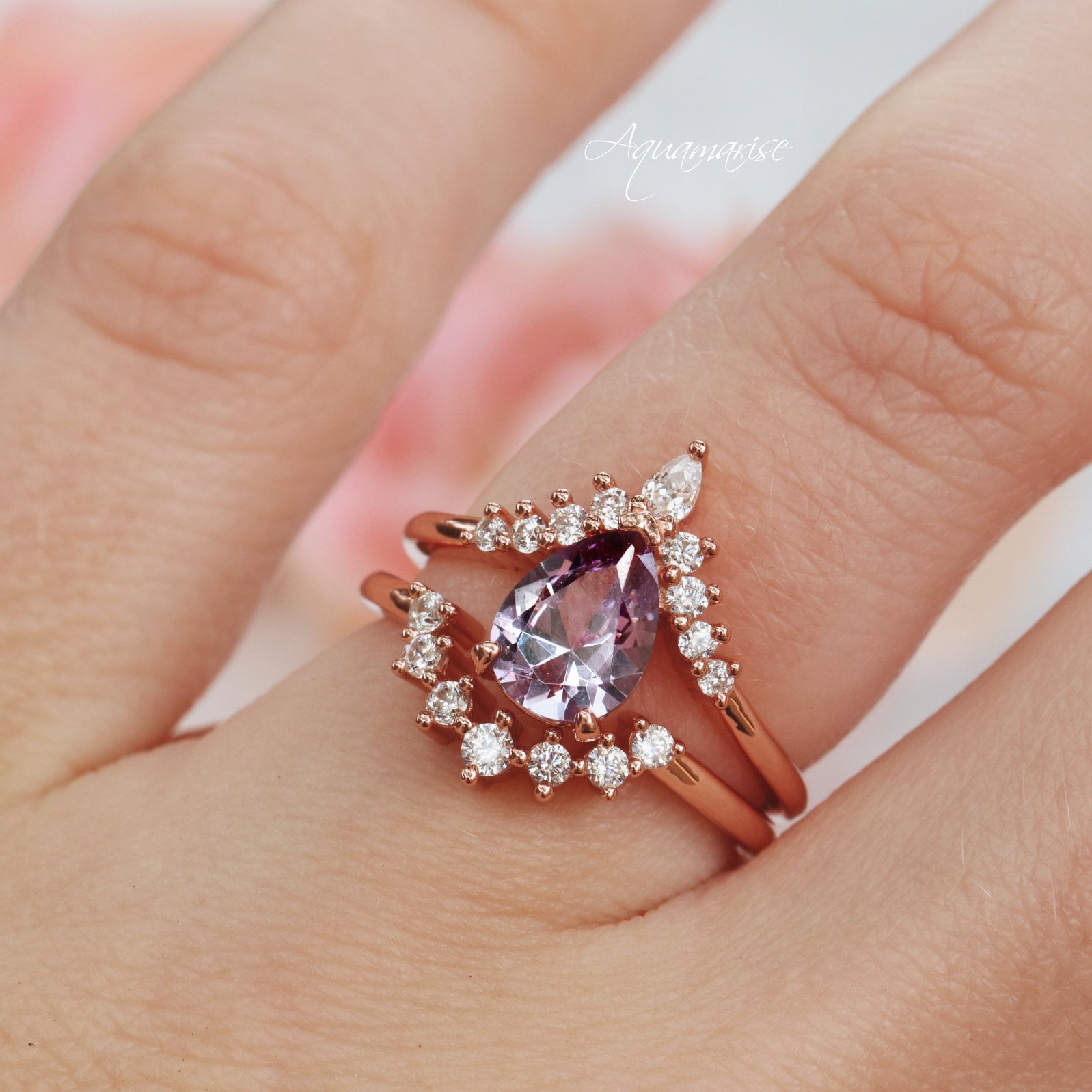 14K Rose Gold Vermeil Alexandrite Ring Set for Women | Elegant Birthstone Jewelry Gift for Anniversary, Engagement & Special Occasions