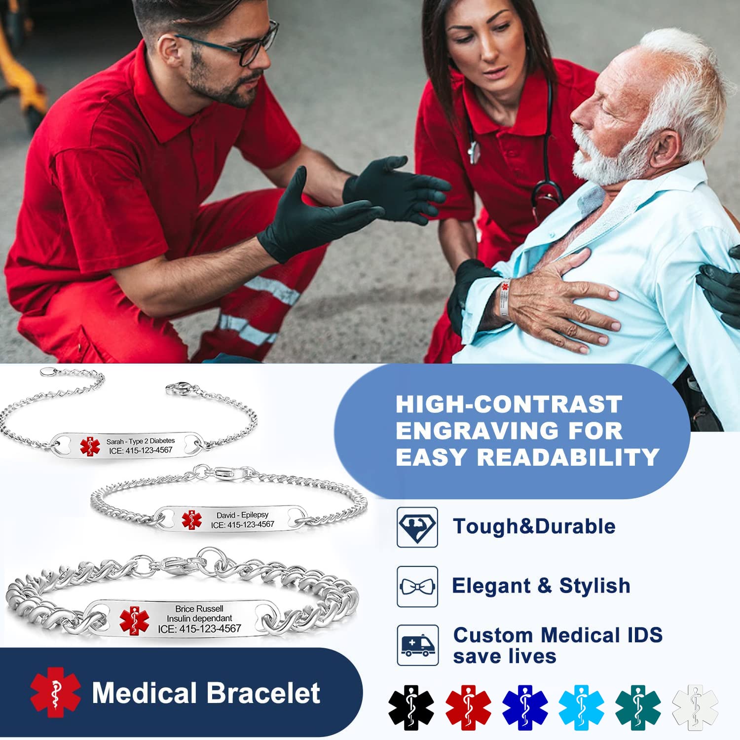 Personalized Stainless Steel Medical Alert Bracelets for Women & Men - Adjustable Emergency ID Bracelet with Free Engraving - Ideal Gift for Mom, Dad, Seniors & Caregivers (Home, Travel & Daily Safety)