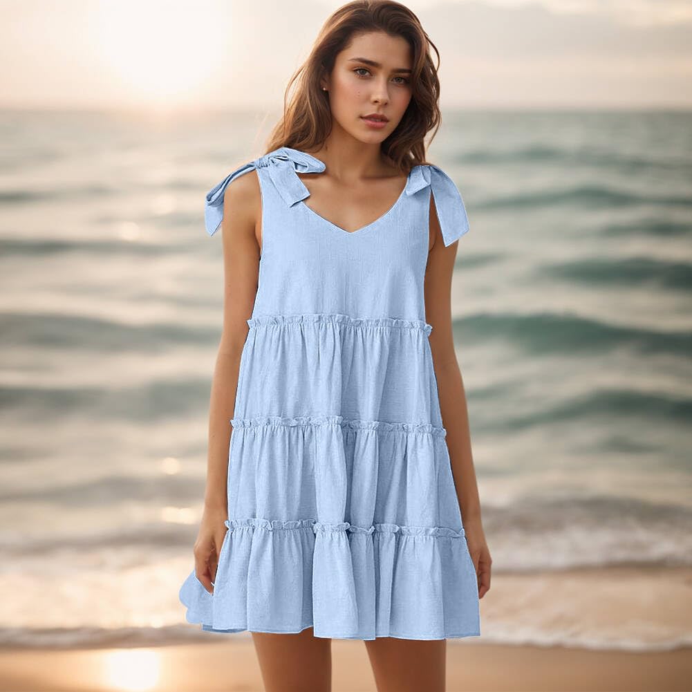 Women's Flowy Summer Dresses 2025 - V Neck Sleeveless Mini Sundress with Ruffles for Casual Wear & Beach Vacations | Perfect for Pool Parties, Date Nights and Tropical Getaways