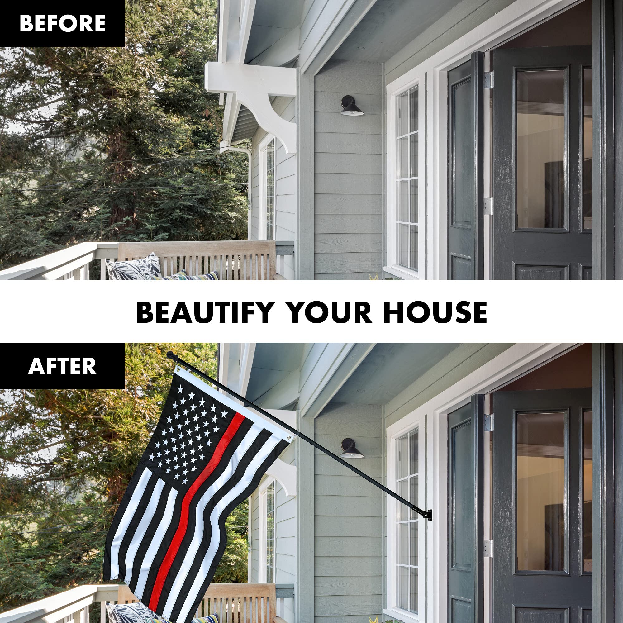 5ft Black Aluminum Spinning Flagpole with Thin Red Line Flag - 2x3ft Embroidered Flag with Brass Grommets Included - Perfect for Backyard, Memorial Displays & Patriotic Events