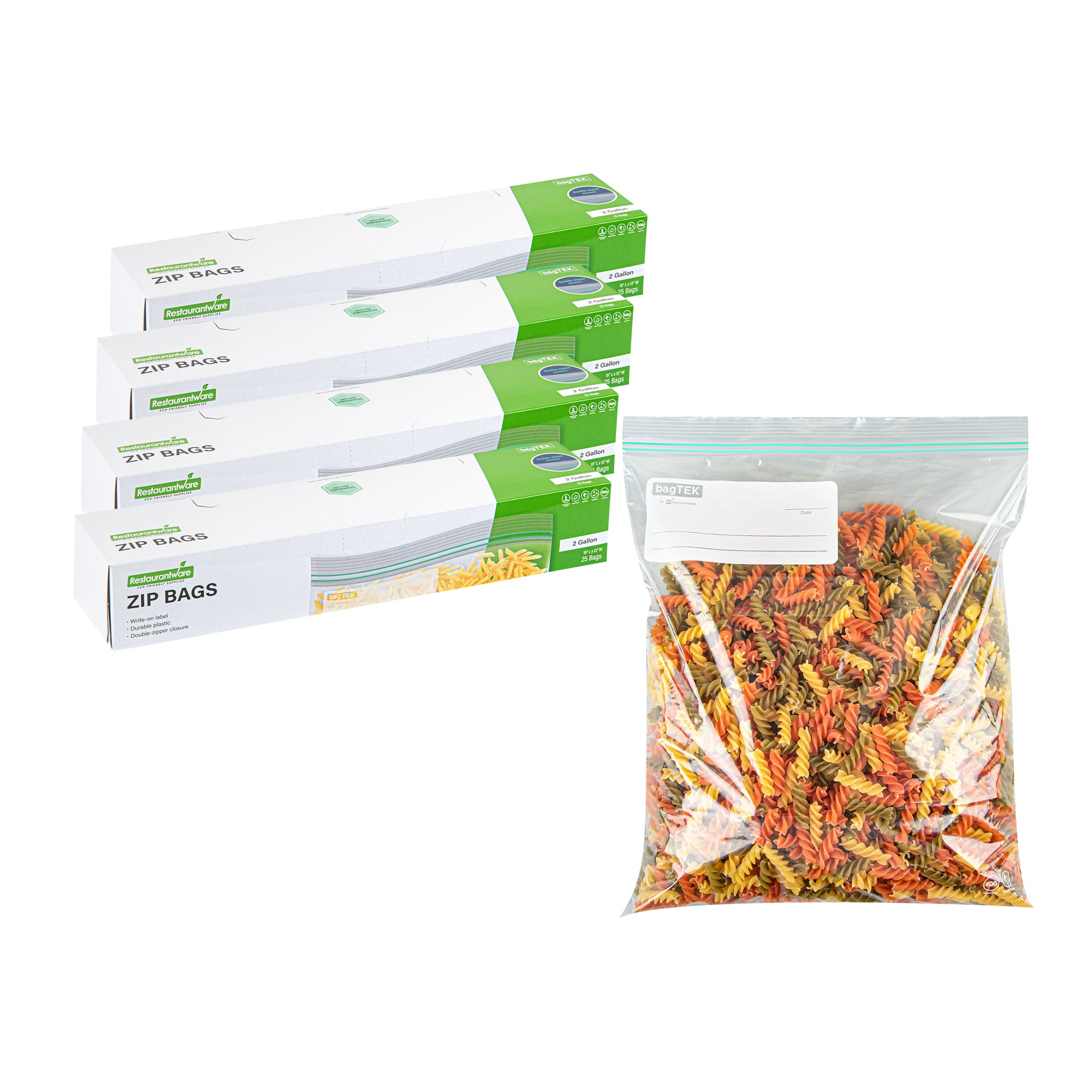 Bag Tek 2 Gallon Clear Plastic Zip Bags with Double Zipper - BPA Free, Write-On Label (15 x 13 Inches) - 25 Count Box - Perfect for Food Storage, Travel Organizing & Craft Supplies