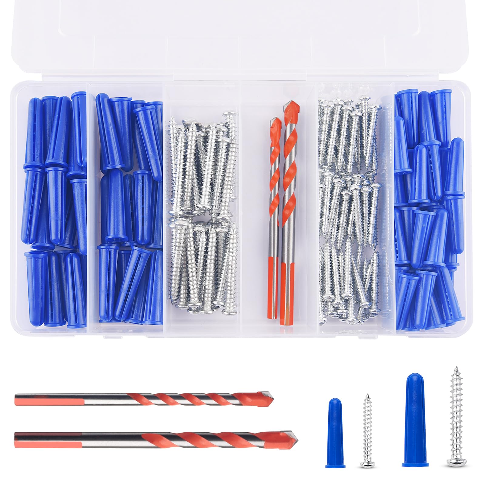 100-Piece Concrete Wall Anchors & Screws Kit - 8 & #10 Masonry Anchors with Concrete Screws & 2 Drill Bits - Heavy Duty Fasteners for Stucco, Brick & Masonry Walls - Perfect for Home Renovation & Construction Projects