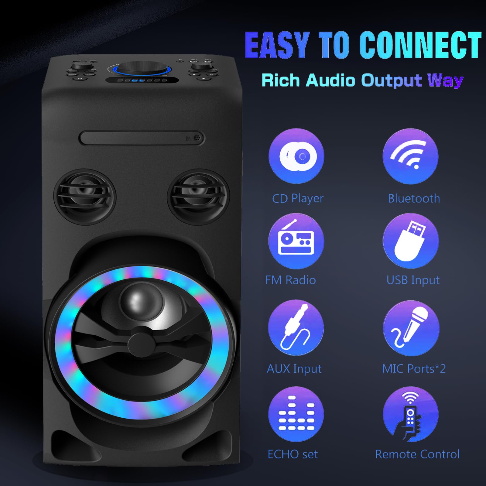 100W Home Bluetooth Stereo System with CD Player | HiFi Music System with Bluetooth 5.0, FM Radio, USB/AUX Input | Karaoke Function & LED Lights for Living Room, Bedroom, Party Entertainment