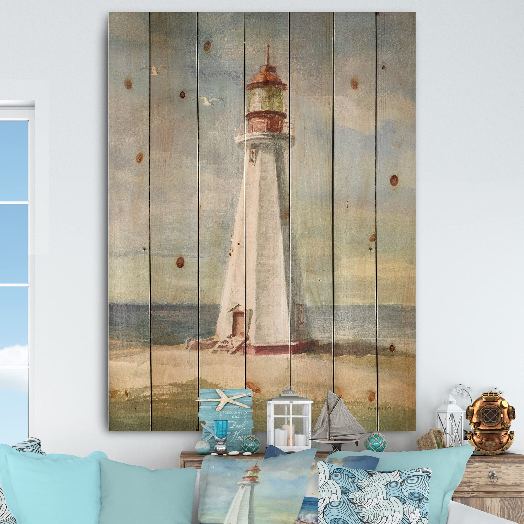 Nautical Lighthouse III Coastal Wood Wall Art - Large Blue Beach Wood Wall Decor Printed on Natural Pine - Perfect for Beach House, Living Room & Coastal Home Decor