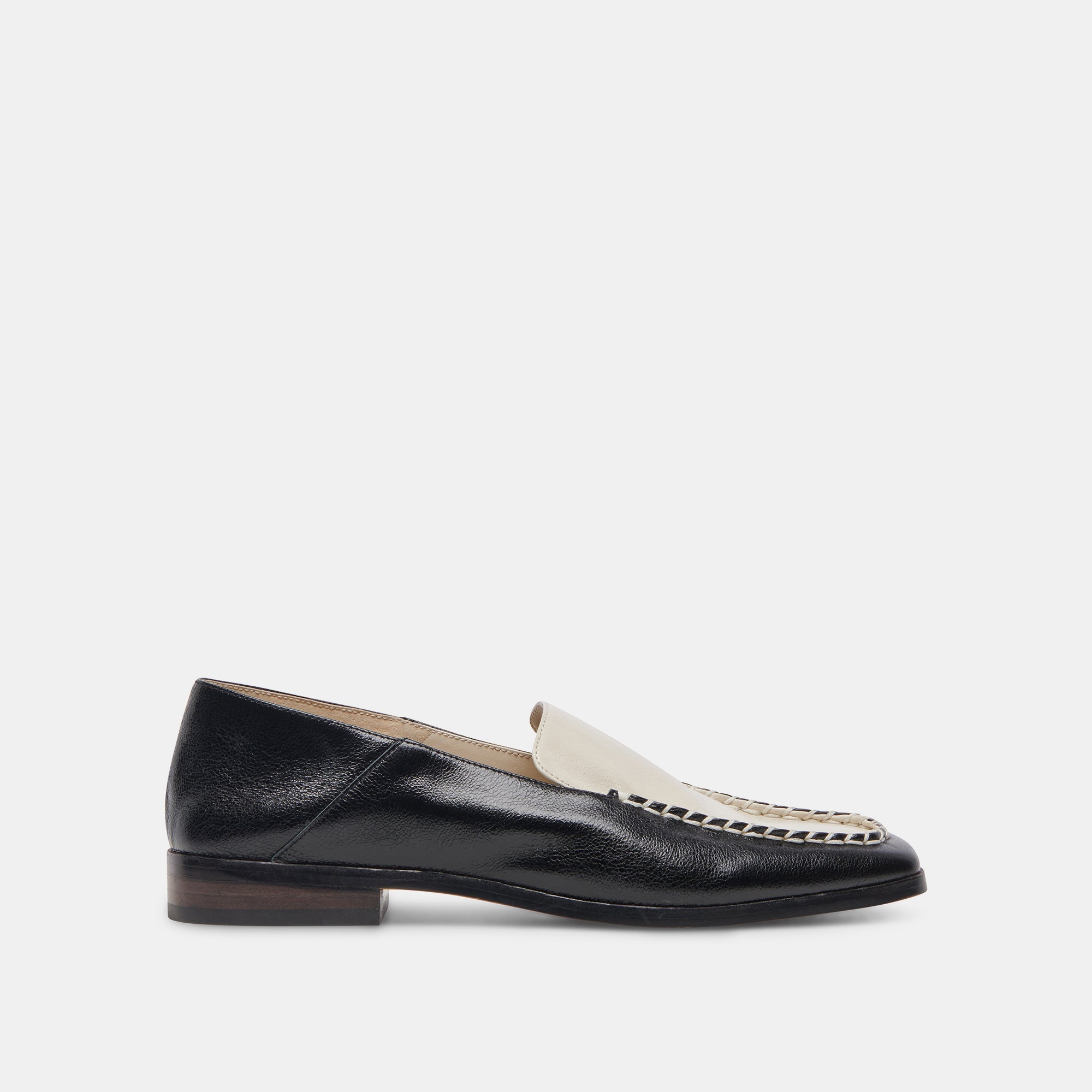 BENY Wide Flats Shoes for Women - White & Black Crinkle Patent Leather - Comfortable Slip-On Loafers for Work, Office, and Casual Wear