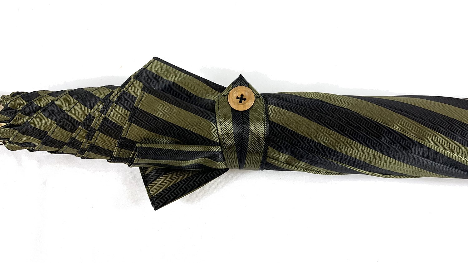 Handcrafted Dark Green Striped Umbrella with Natural Ash Wood Handle - Waterproof Windproof Compact Folding Umbrella for Rainy Days, Outdoor Travel, and Daily Commute