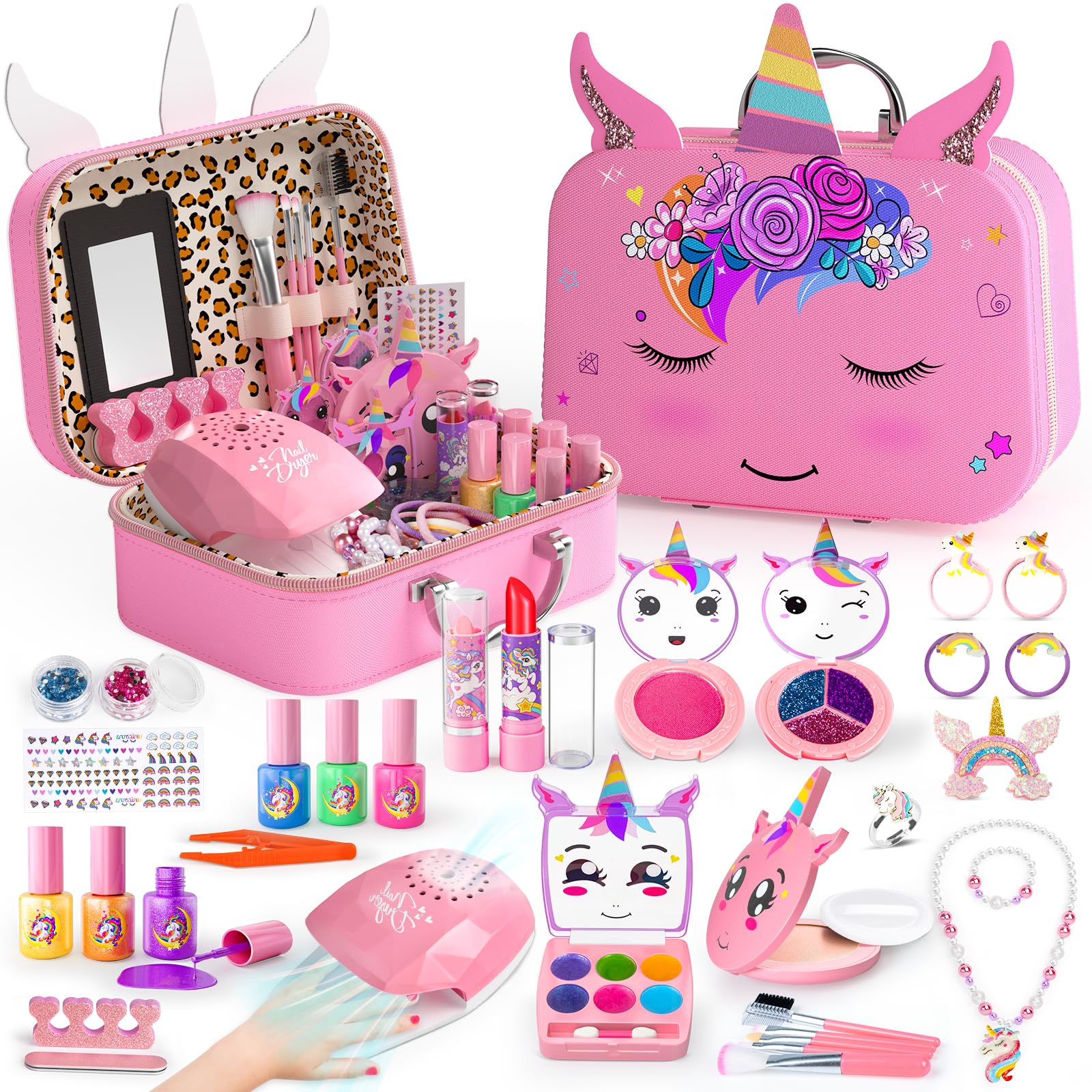 Unicorn Kids Makeup Kit for Girls Ages 3-12 - 2 in 1 Washable Play Makeup & Nail Art Set with Cosmetic Case | Safe Non-Toxic Pretend Play Cosmetics | Perfect Birthday Christmas Gift for Toddlers & Little Girls | Great for Dress-Up, Role Play & Party Fun
