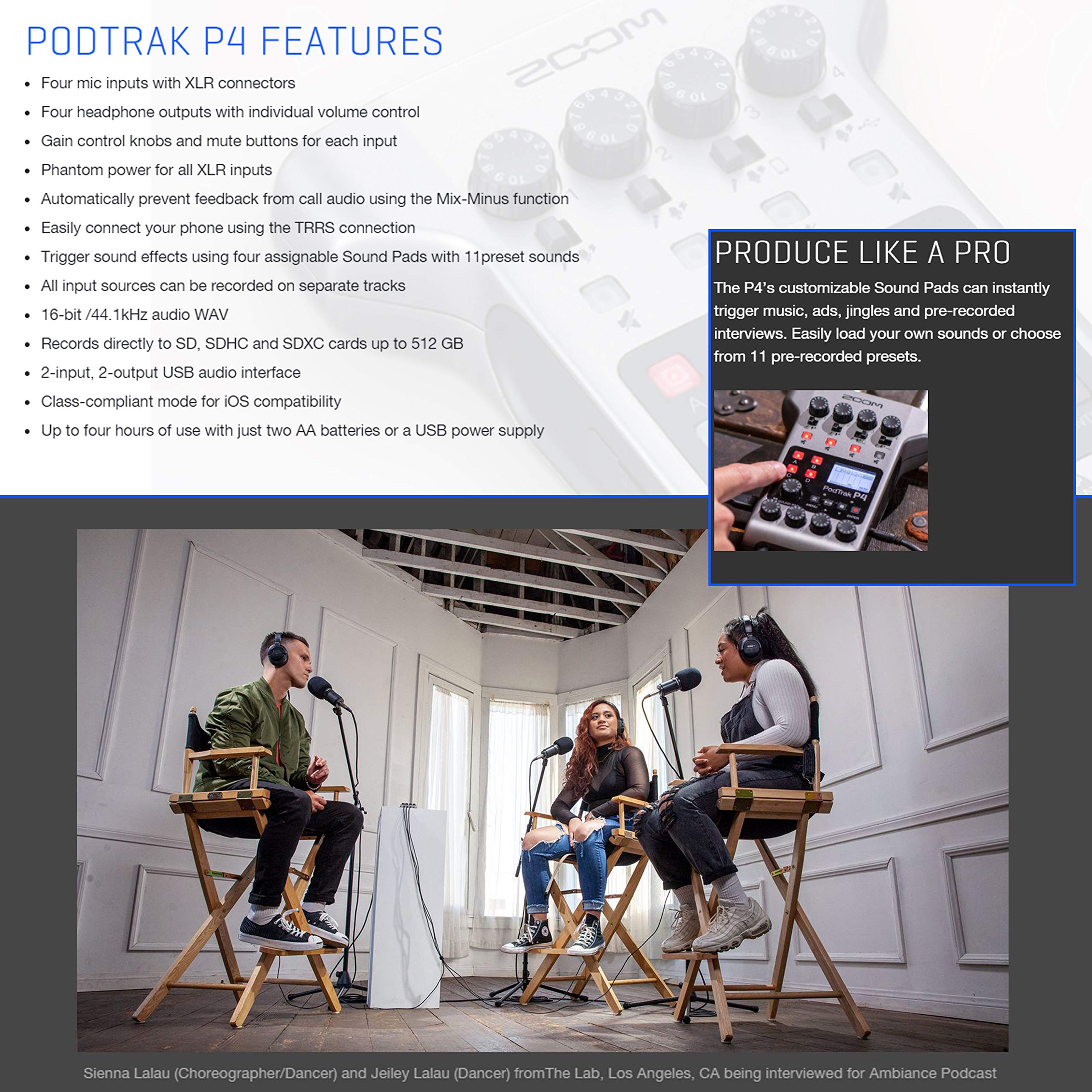 Zoom PodTrak P4 Portable 4-Channel Podcast Recorder Kit with 2x M-1 Mics, Headphones, Windscreen, XLR Cable, Stand, 64GB Memory & Accessories - Perfect for Home Studio, Field Recording & Podcasting