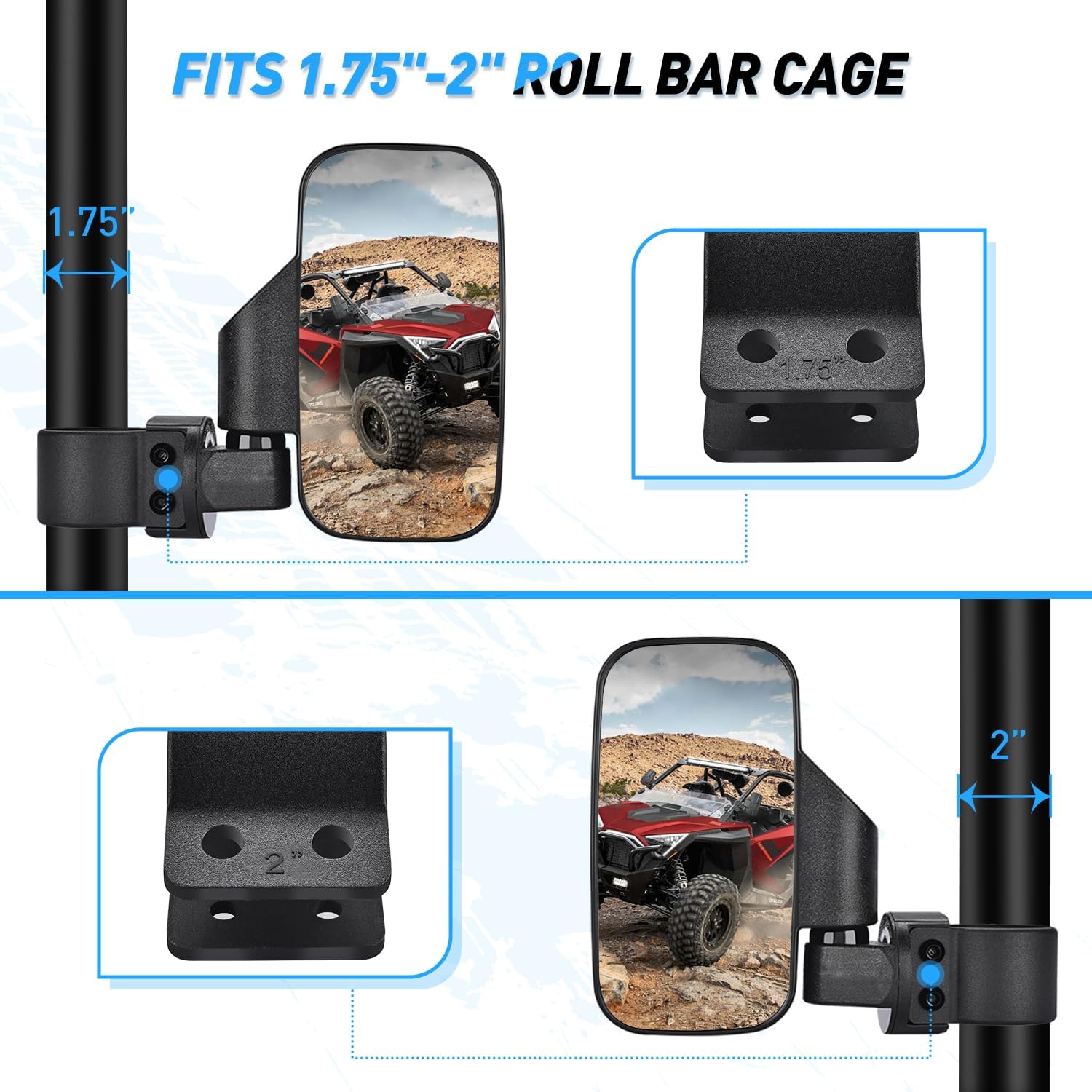 Universal UTV Side Mirrors 1.6-2 Inch Roll Cage Fit - Durable Off-Road ATV Accessories for Trail Riding & Hunting Adventures