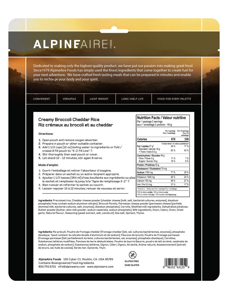 AlpineAire Creamy Broccoli Cheddar Rice - Dehydrated Backpacking & Camping Meal - Lightweight Freeze-Dried Food for Hiking, Emergency Prep & Outdoor Adventures