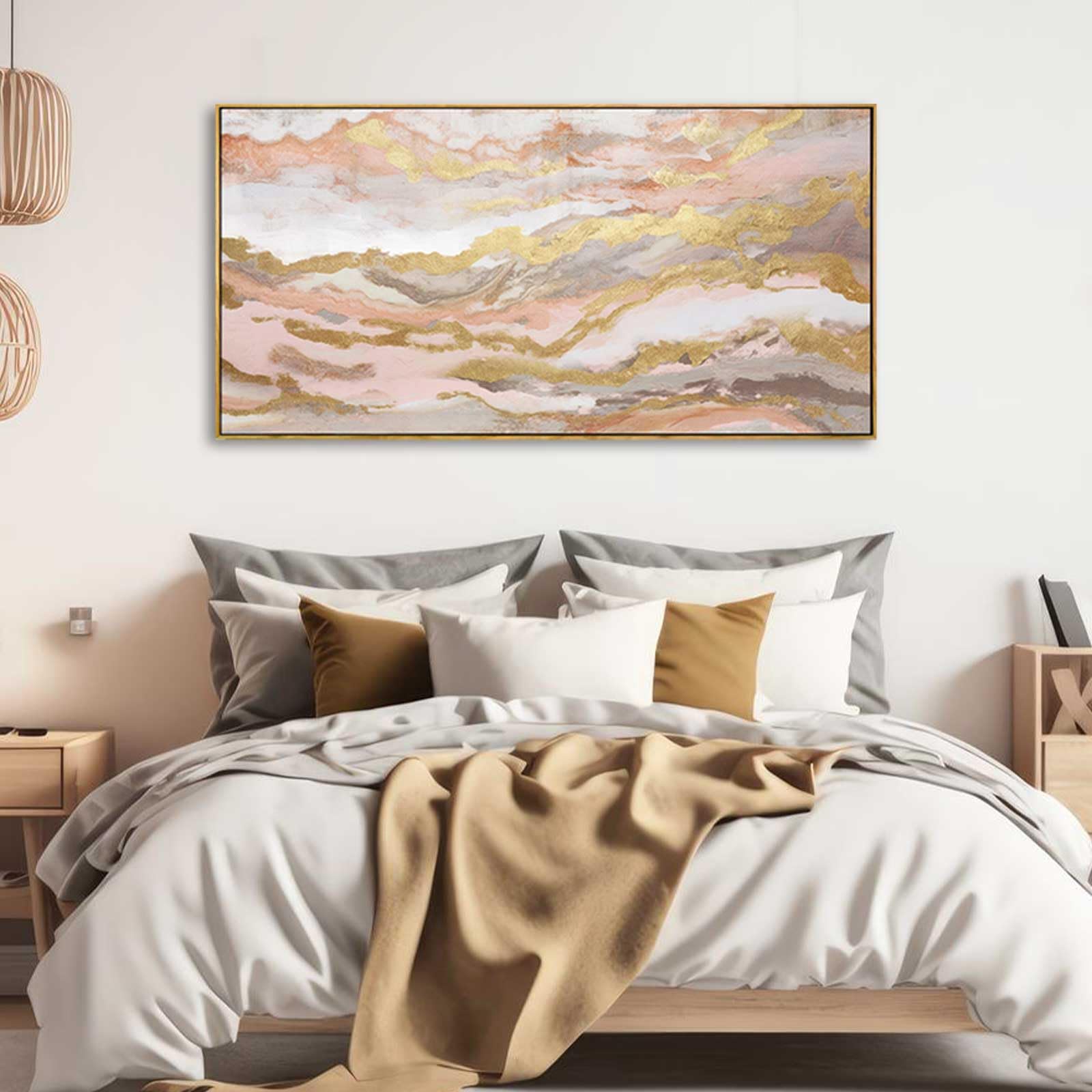YJYart Pink Abstract Wall Art - 20x40 Inch Large Canvas Painting for Girl's Room, Living Room, Bedroom, Office & Kitchen Decor - Modern Gold Accent Home Decor for Dining Room & Workspace