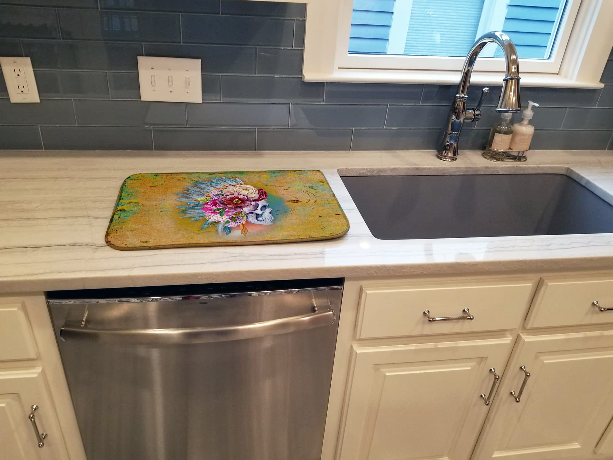 Colorful Day of the Dead Skull Dish Drying Mat - Absorbent Kitchen Counter Pad (14x21