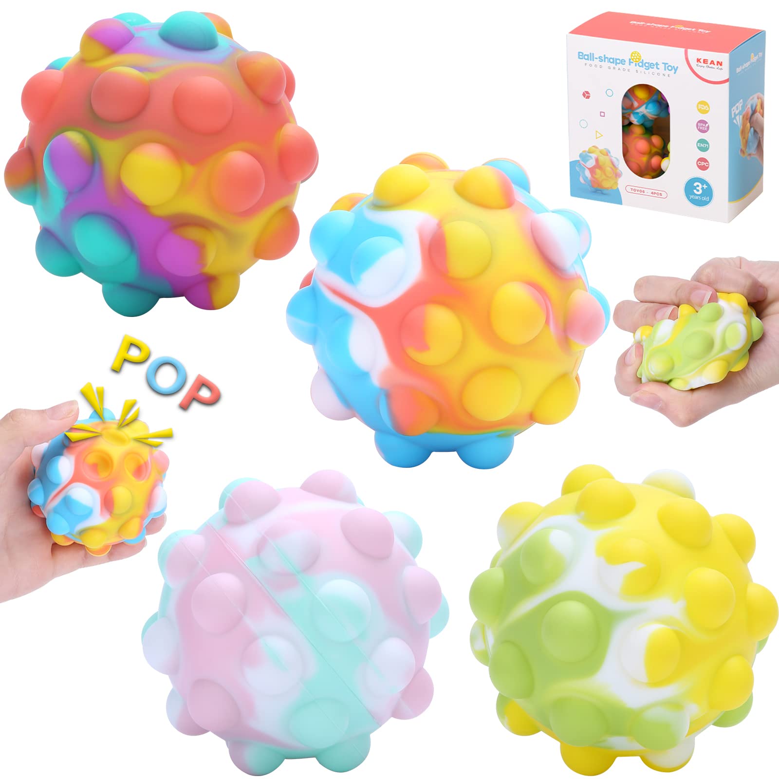 K.E.J. Pop Stress Balls Fidget Toy Pack - 4PCS 3D Sensory Squeeze Balls, Push Bubble Toys for Stress Relief & Anxiety - Rainbow Sensory Toys for Kids, Adults & Pets - Perfect for Classrooms, Offices & Home Relaxation