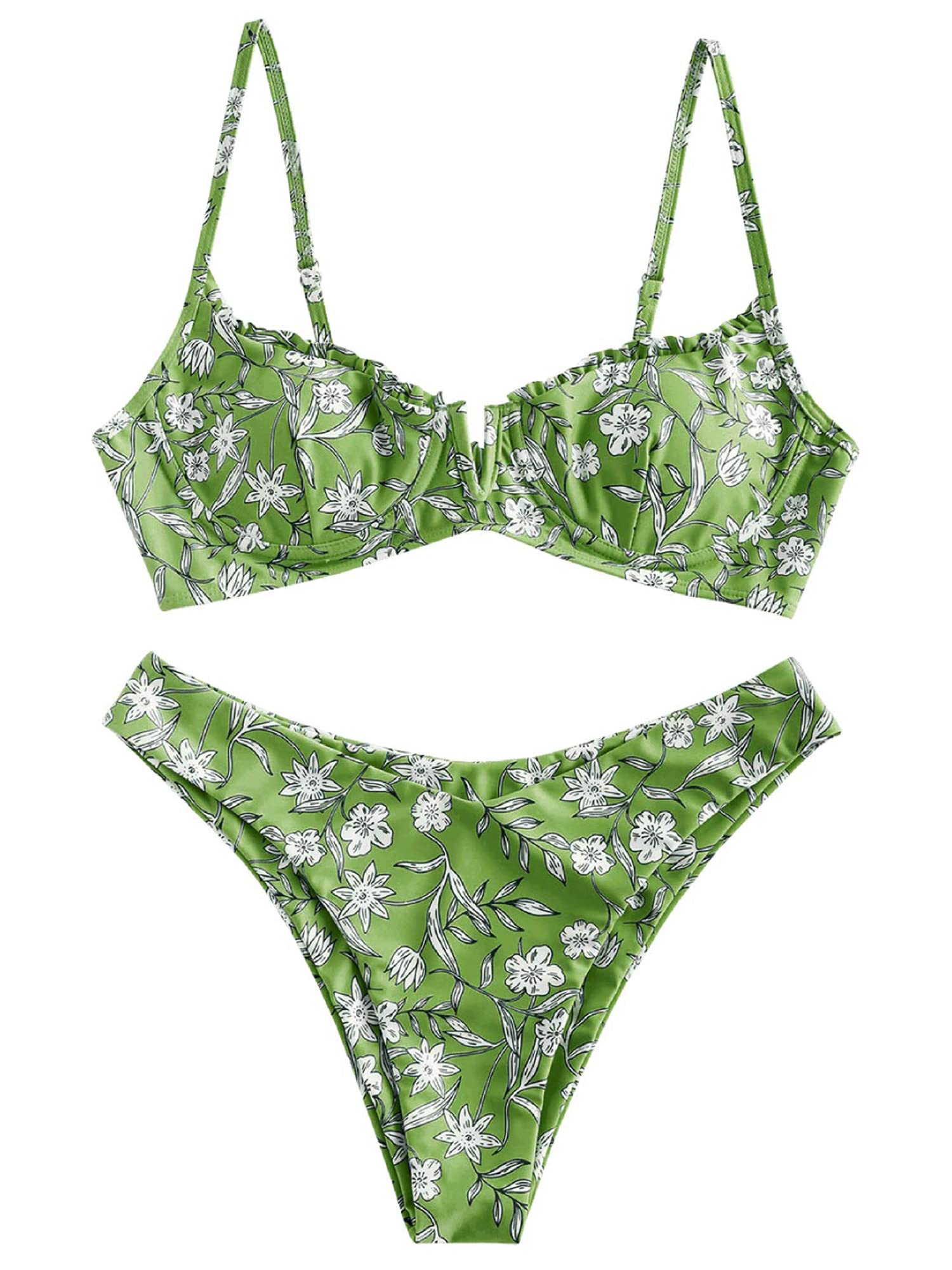 ZAFUL Floral Underwire Bikini Set - High Cut V-Wire Swimsuit for Women | Beach & Pool Party