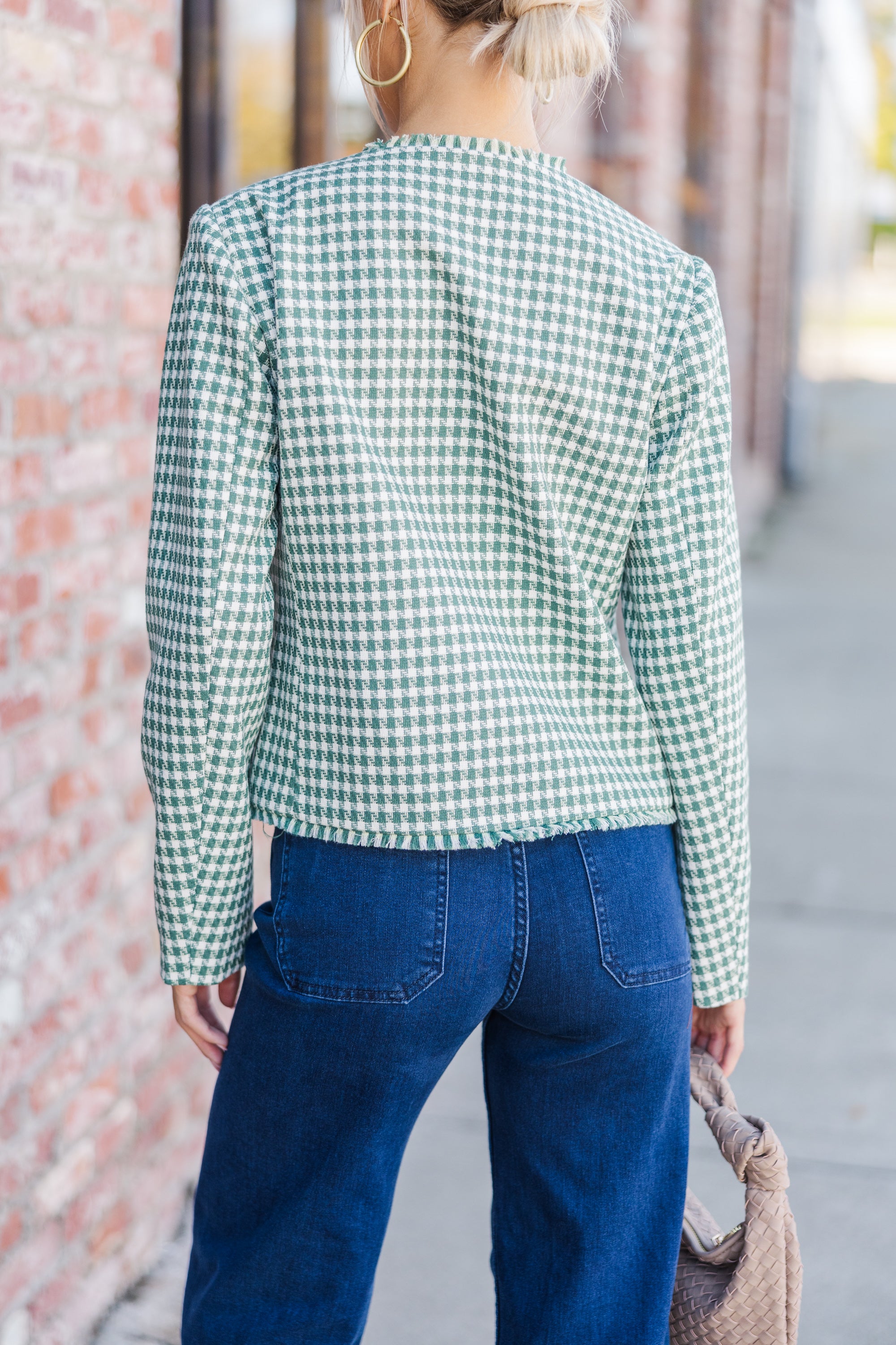 Stylish Olive Green Houndstooth Tweed Jacket for Women - Vintage Inspired Blazer for Office, Dating & Fall Fashion