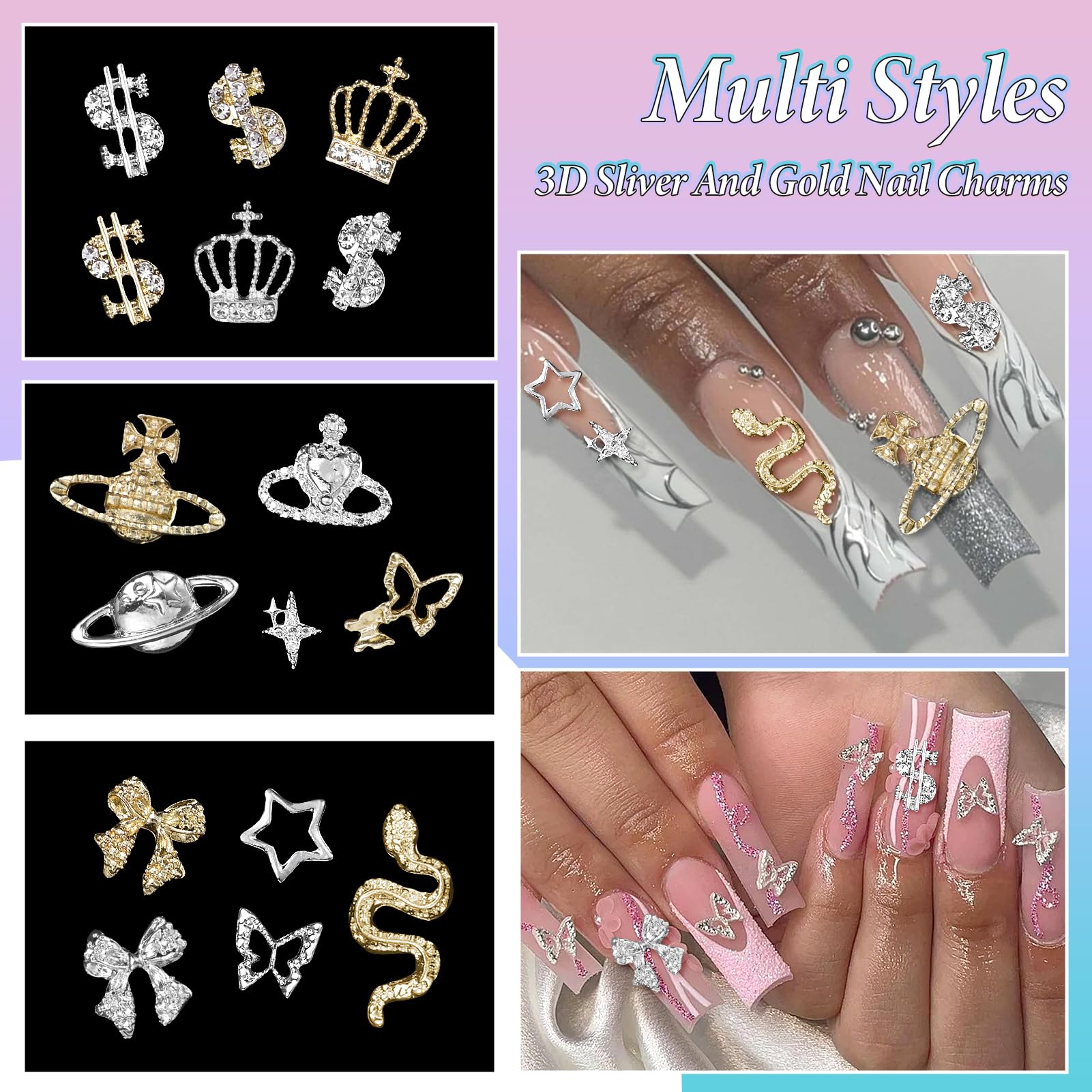 100 Pcs Gold & Silver Star Bow Nail Charms, 3D Crown & Dollar Nail Art Charms, Snake Alloy Nail Decorations for DIY Manicure - Perfect for Parties, Weddings, and Nail Art Enthusiasts