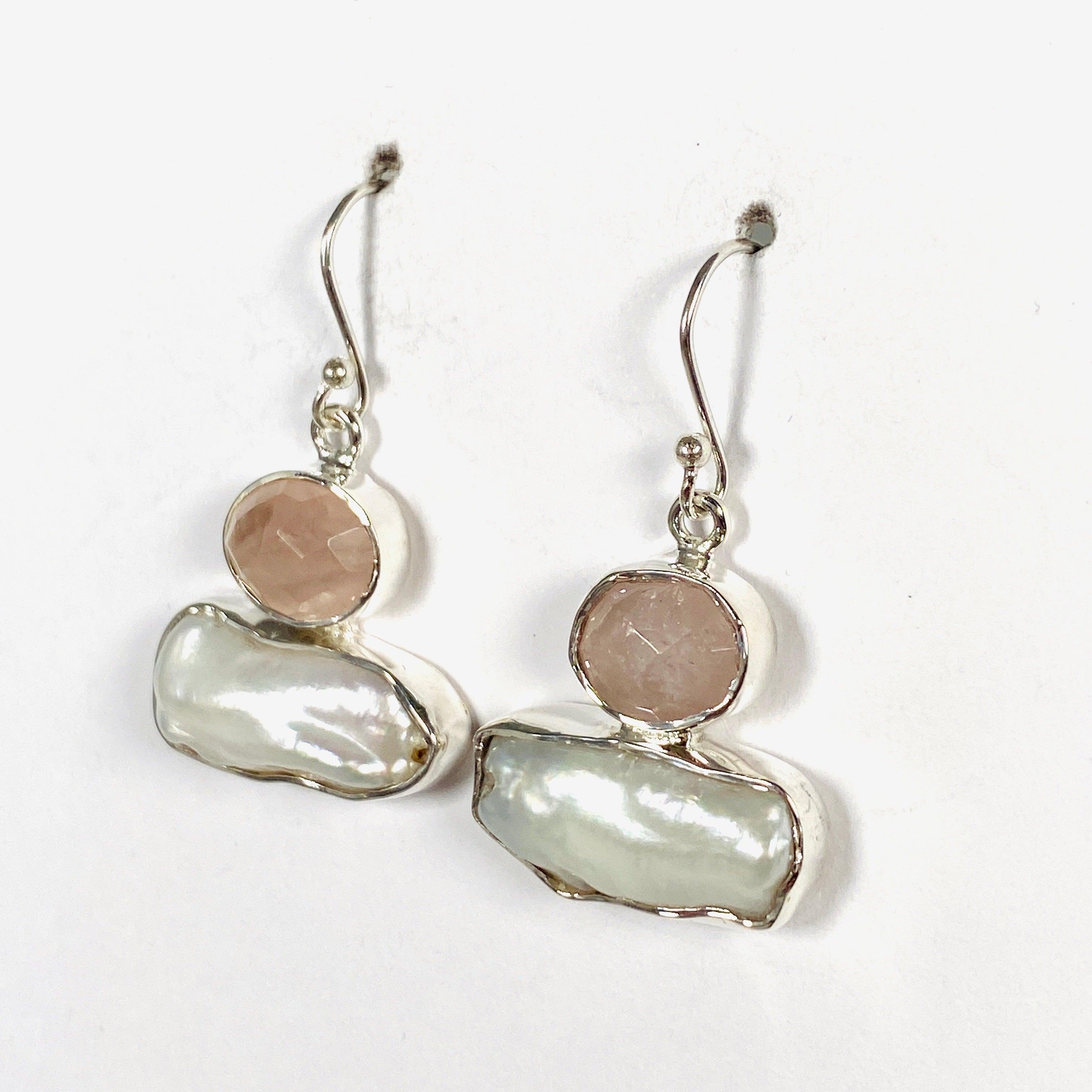 Pearl and Rose Quartz Faceted Earrings E2393 RQ - Elegant Gemstone Jewelry for Women, Perfect for Weddings, Parties & Special Occasions