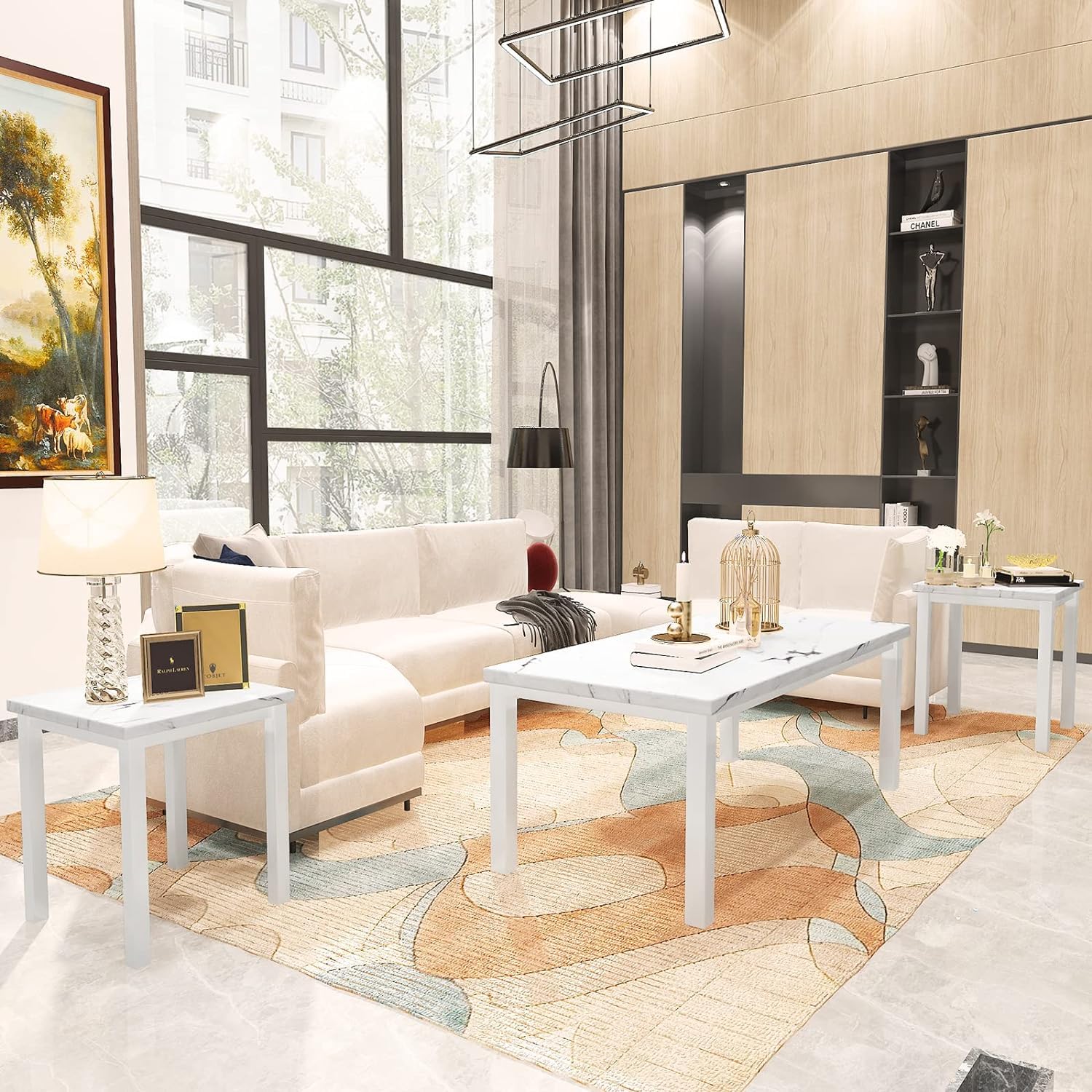 Recaceik 3-Piece Coffee Table Set with Faux Marble Top & Metal Frame - Modern Living Room Furniture in White (42.12x20.07x16.34 inches) - Perfect for Small Spaces, Apartments & Cozy Home Decor