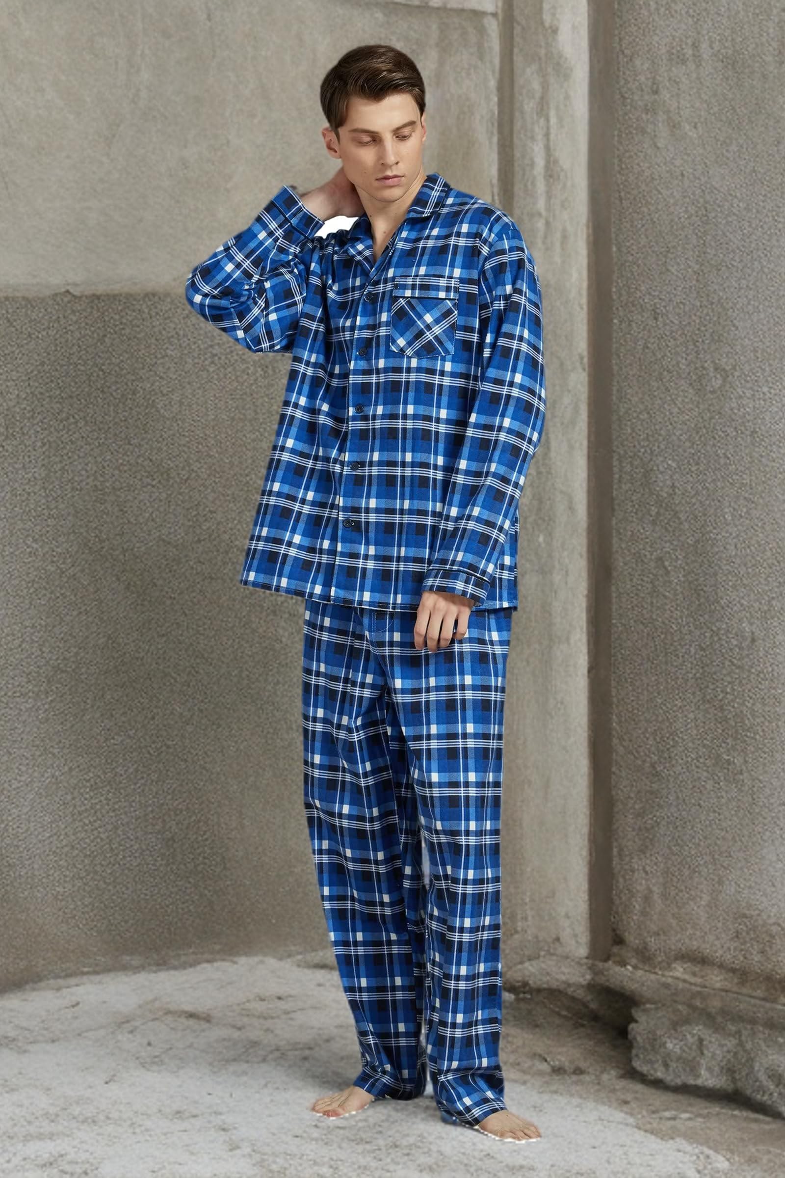 Men's 100% Cotton Flannel Pajama Set with Pockets & Drawstring - Soft & Comfortable Sleepwear for Lounging at Home or Winter Nights